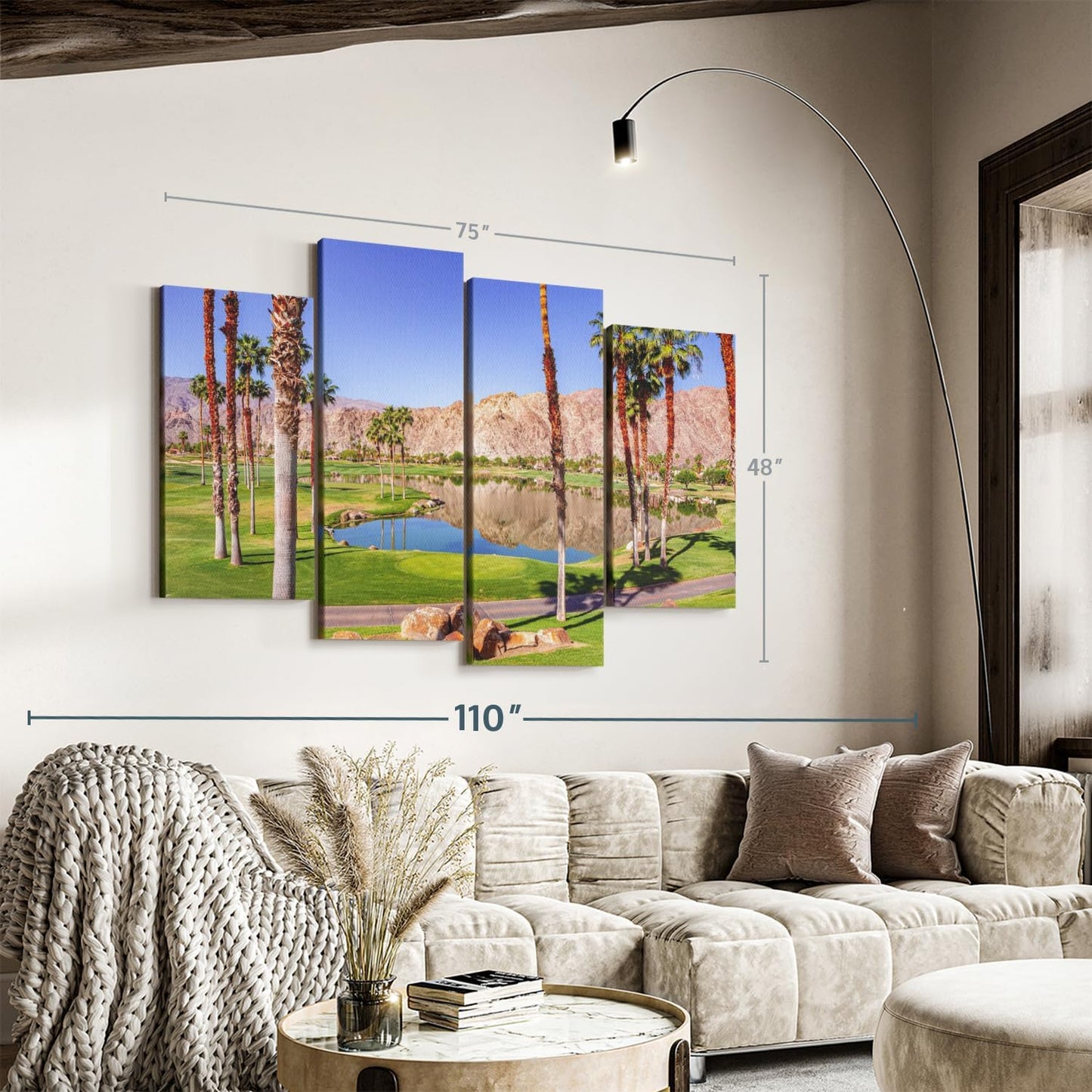 Elephant Stock La Quinta Golf Course Wall Art - Horizontal Canvas - 4-Piece Living Room Wall Decor - Photography Sports Canvas Print - Beige and Brown Decor for Wall - 75" X 48"