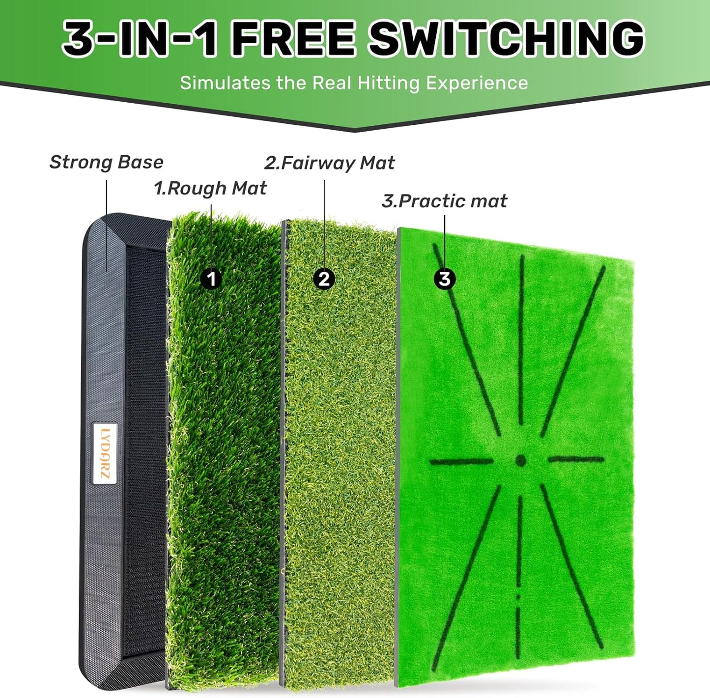 Golf Hitting Mats Training Equipment, Golf Practice Mat with Instant Swing Path Feedback, 3 Replaceable Golf Training Mats with No-Slip Heavy Duty Rubber Base