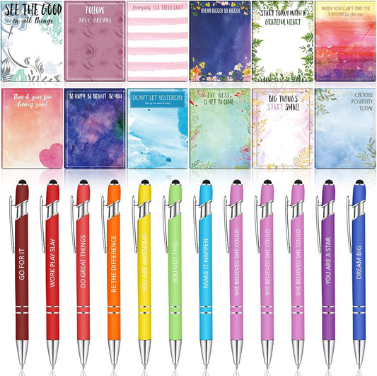 Geyee 24 Pcs Inspiration Sticky Notes with Funny Pens Fun Notepads for Adults Coworkers Nurse 3 x 4 Inch to Do List Notepads with Sayings Pen for Lab Week Gifts Teacher Office Supplies