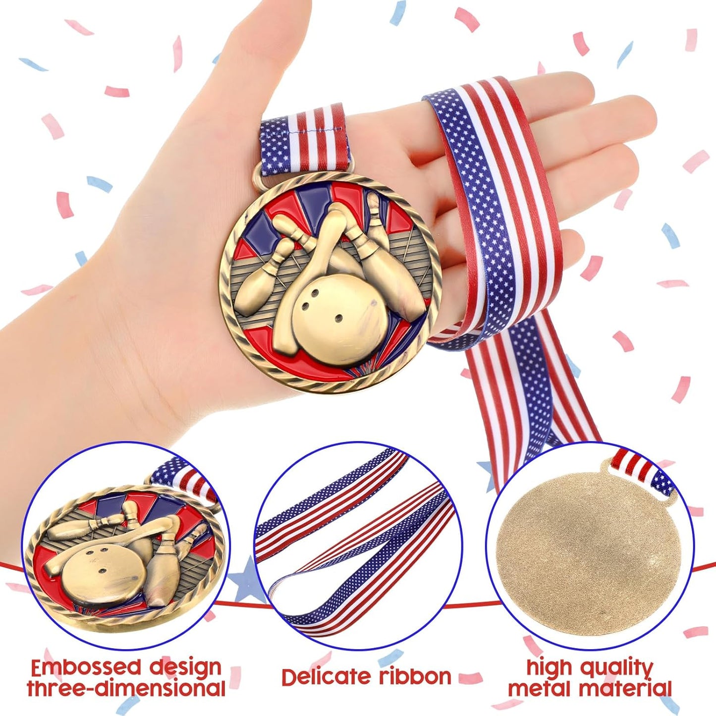 3 Pcs Bowling Medal 2.5 Inch Bowling Trophy Gold Silver Bronze 1st 2nd 3rd Place Award Medals with Stars and Stripes American Flag Ribbon for Competitions, Club Celebration Souvenir Tournament