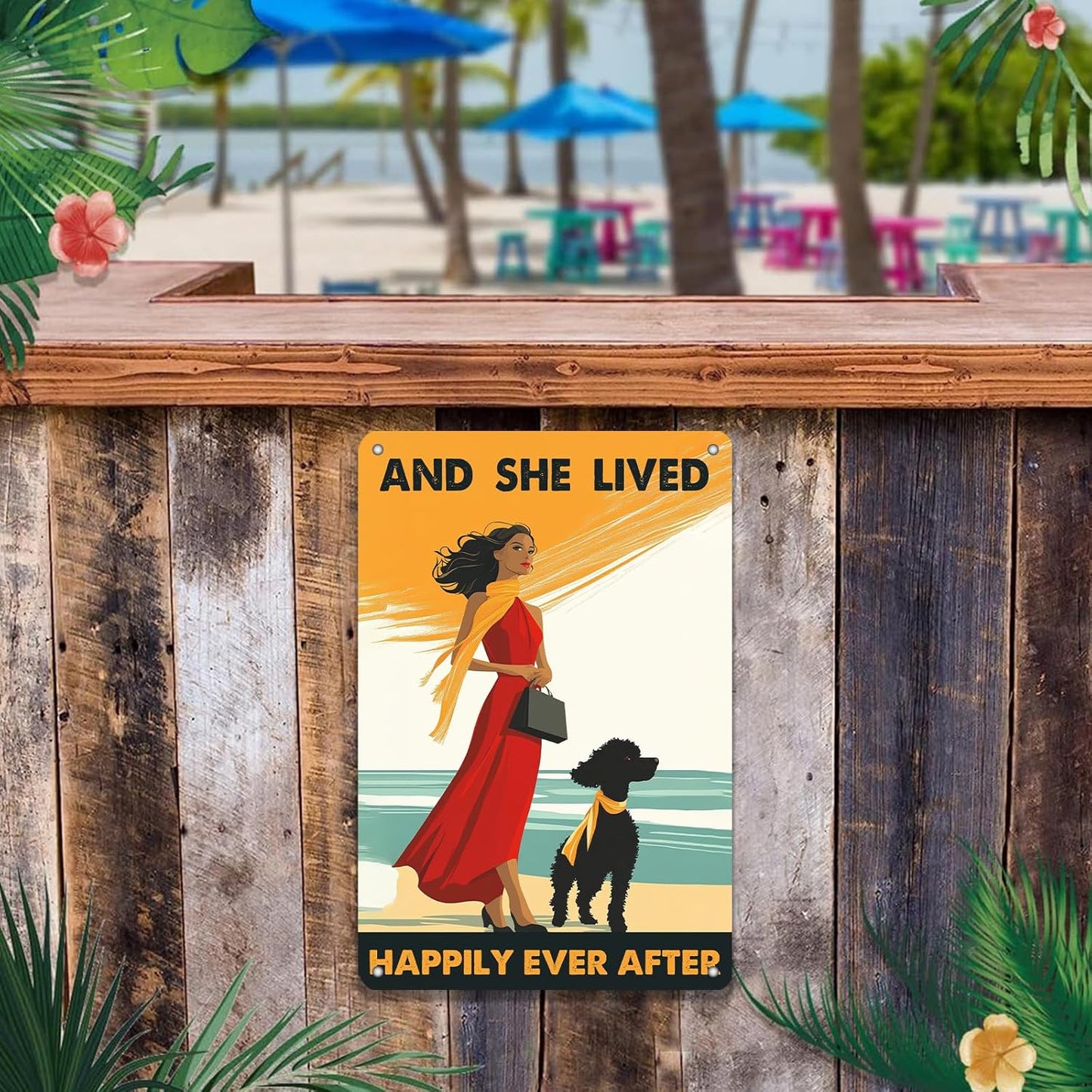 Vintage Tin Sign Metal Poster Plaque Poodle Girl and She Lived Happily Ever After Dog Metal Sign Iron Painting Retro Wall Decor Poster for Home Hotel Cafes 8x12 Inch