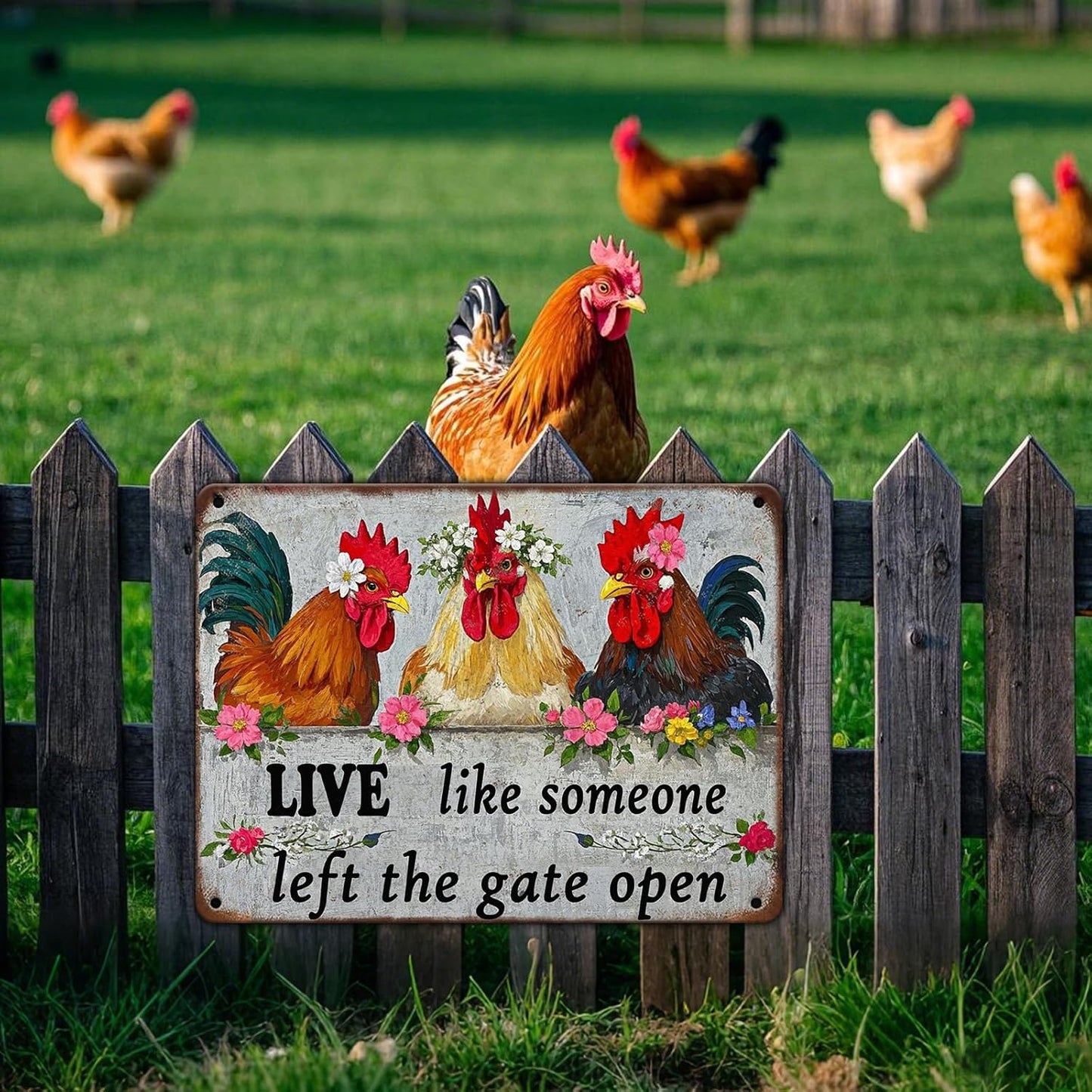 Funny Farmhourse Chicken Coop Metal Tin Signs 12x16 Inch Vintage Chicken Decor Sign Live Like Someone Left The Gate Open Poster Home Kitchen Garden Restaurant Rooster Outdoor Wall Art Decor