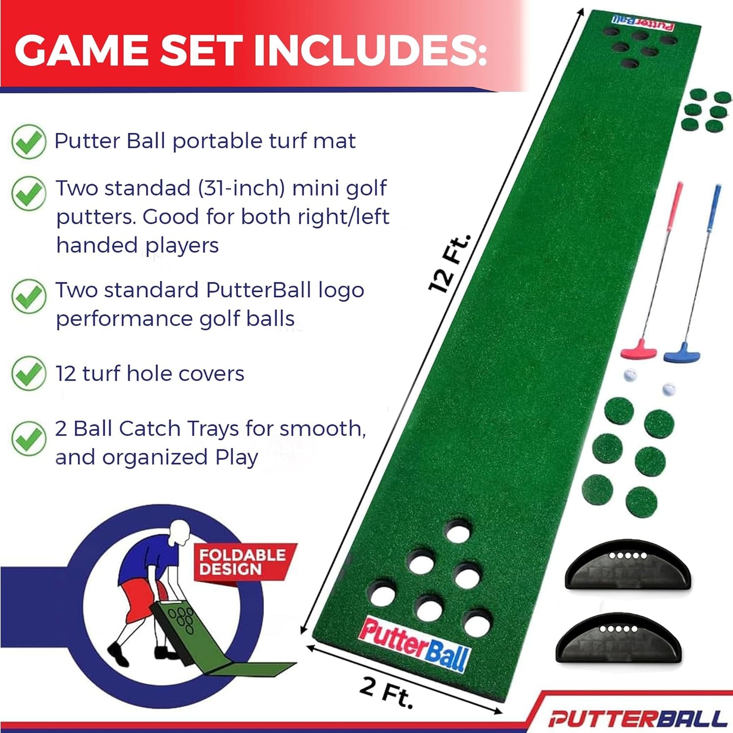 PutterBall Original Golf Putting Game Set – Backyard 12 ft Putting Green Pong Style Golf Mat with 2 Putters, 2 Balls & Hole Covers (PutterBall Original)