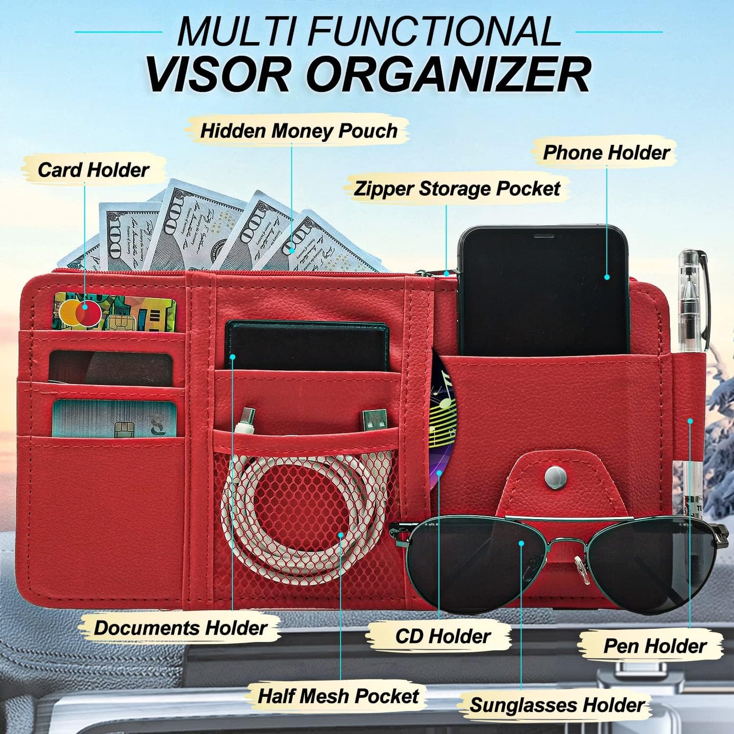 Keedolla Car Sun Visor Organizer with Multi-Pocket Net Zipper, Truck Visor Organizer Storage Pouch Holder for Cards, Pens, Sunglasses, CD Holder - Red