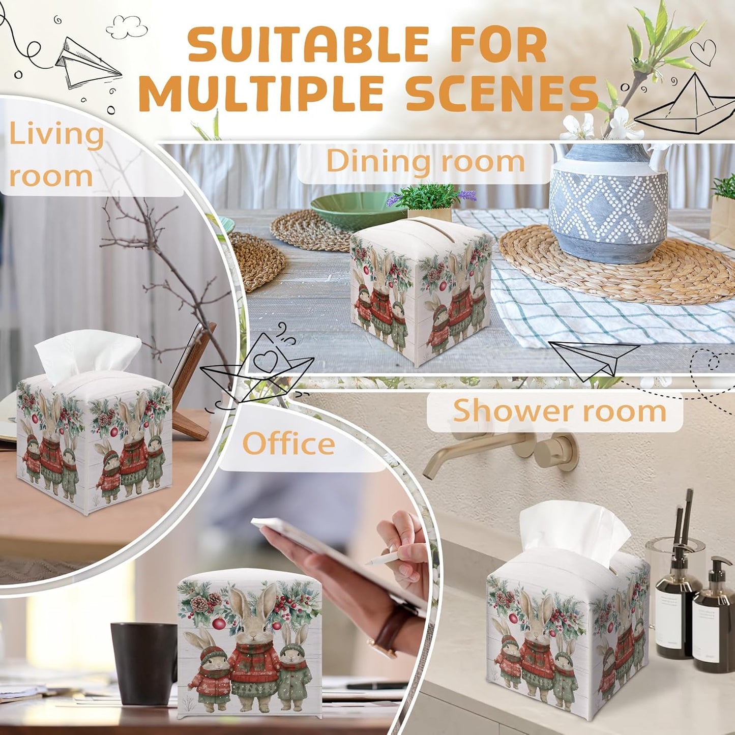 Christmas Tissue Box Holder, Christmas Bunny Leather Tissue Box Cover Square with Bottom Belt, Paper Facial Decorative Tissues Cover for Night Stands Bathroom Office Home Decor-B15