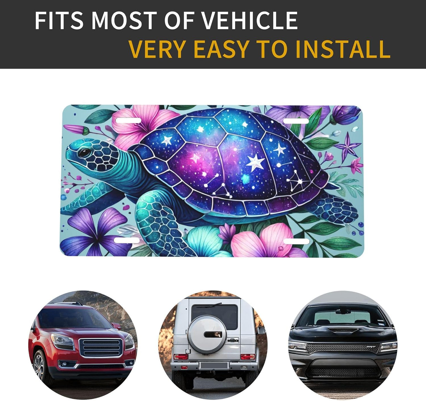 Front License Plate for Car Designs Flower Animal Turtle Stainless License Plate Cover Holder for Men Women Metal Aluminum Decorative Accessory Vanity Tag Standard 6 X 12 Inch (4 Holes)