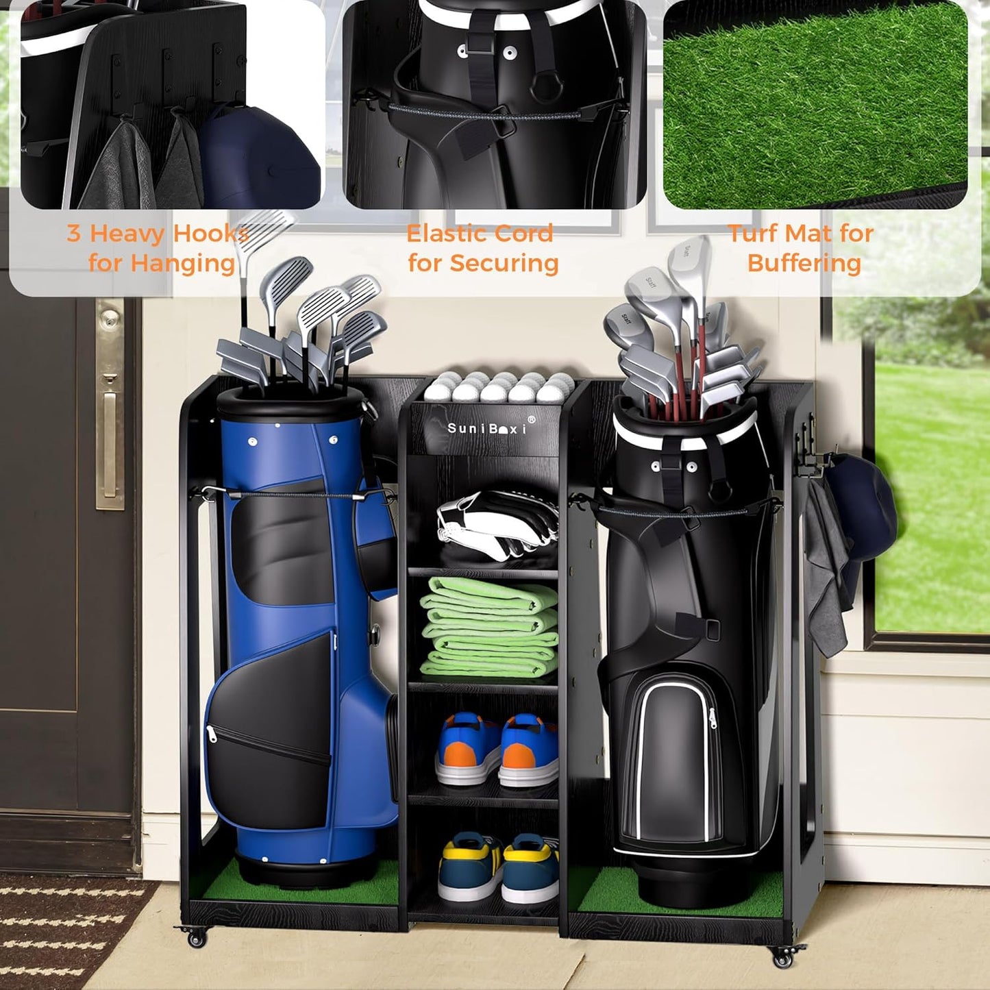Wooden Golf Storage Organizer for Garage, Premium Golf Bag Holder Rack for Golfing Accessories, Great Gift for Golfers,Husband, Dad
