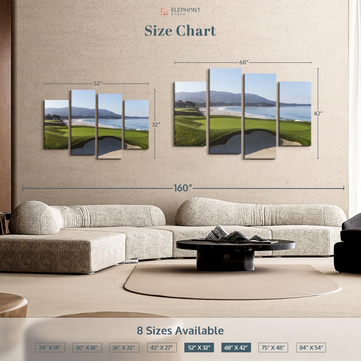 Elephant Stock Monterey CA Golf Course Wall Art - Horizontal Canvas - 4-Piece Living Room Wall Decor - Photography Sports Canvas Print - Blue and Green Decor for Wall - 68" X 42"