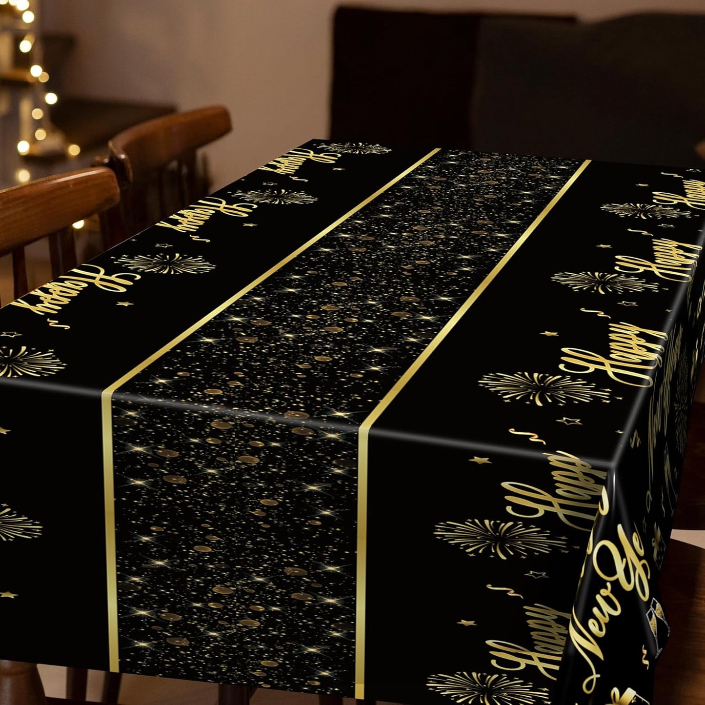 3 Pcs New Years Tablecloth, 108 x 54 Inches Disposable Plastic NYE Table Cover 2026, Rectangle New Years Eve Tablecloth with Black Gold Firework Design, Waterproof Table Cover for Nye Party Supplies