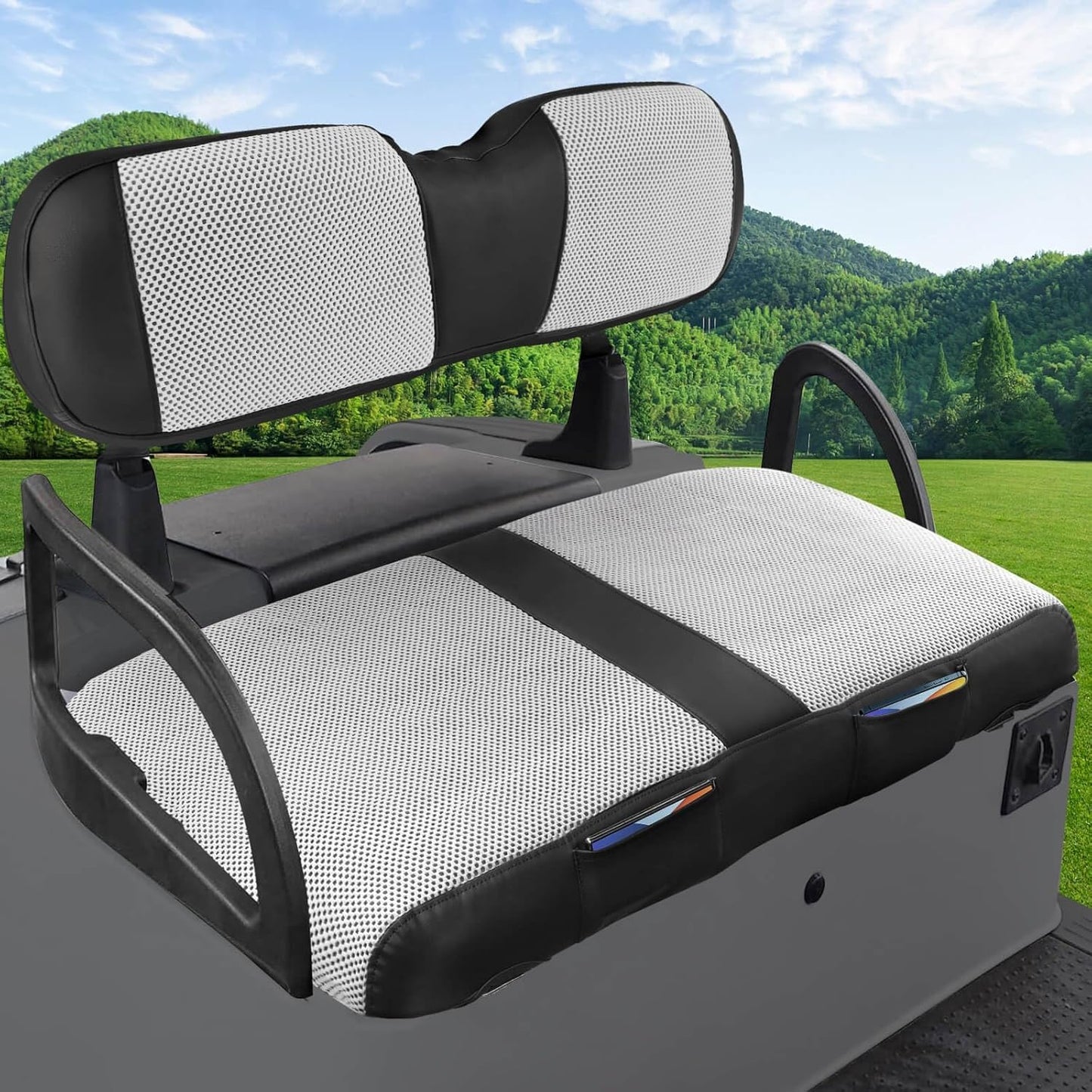 MOSNAI EZGO RXV Seat Cover, Golf Cart Front Seat Cover Fit for EZGO RXV OEM Ordinary Seat Cushion, Breathable Polyester Mesh Cloth and Leather Combination Appearance, No Need Detaching Armrests