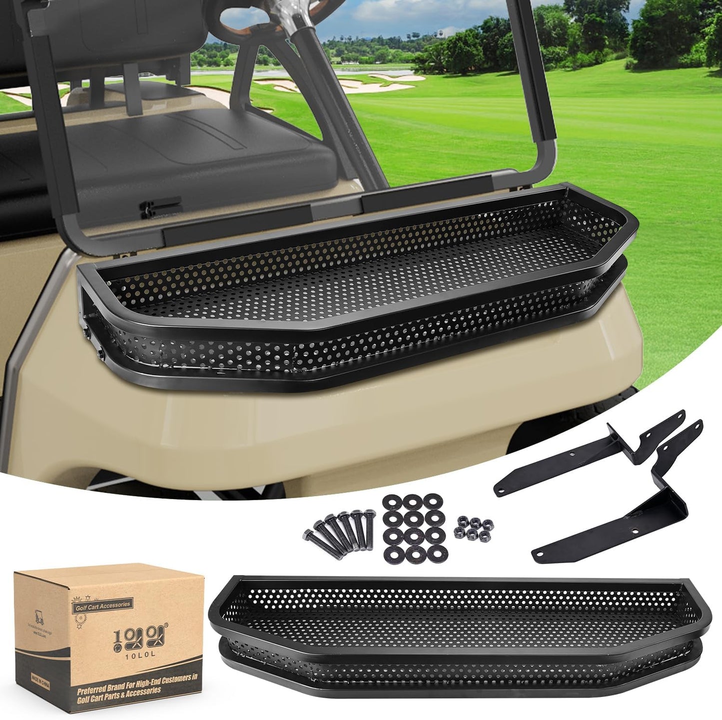 10L0L Golf Cart Front Clay Utility Cargo Basket for Club Car DS Gas & Electric, Heavy-Duty Steel Drop Mesh Storage Rack