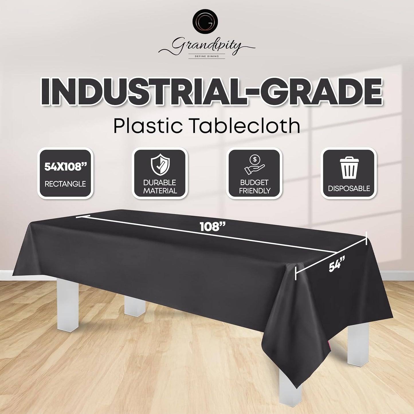 Grandipity 12 Pack Premium Disposable Plastic Tablecloth 54 Inch. x 108 Inch. Decorative Rectangle Table Cover - Dark Grey
