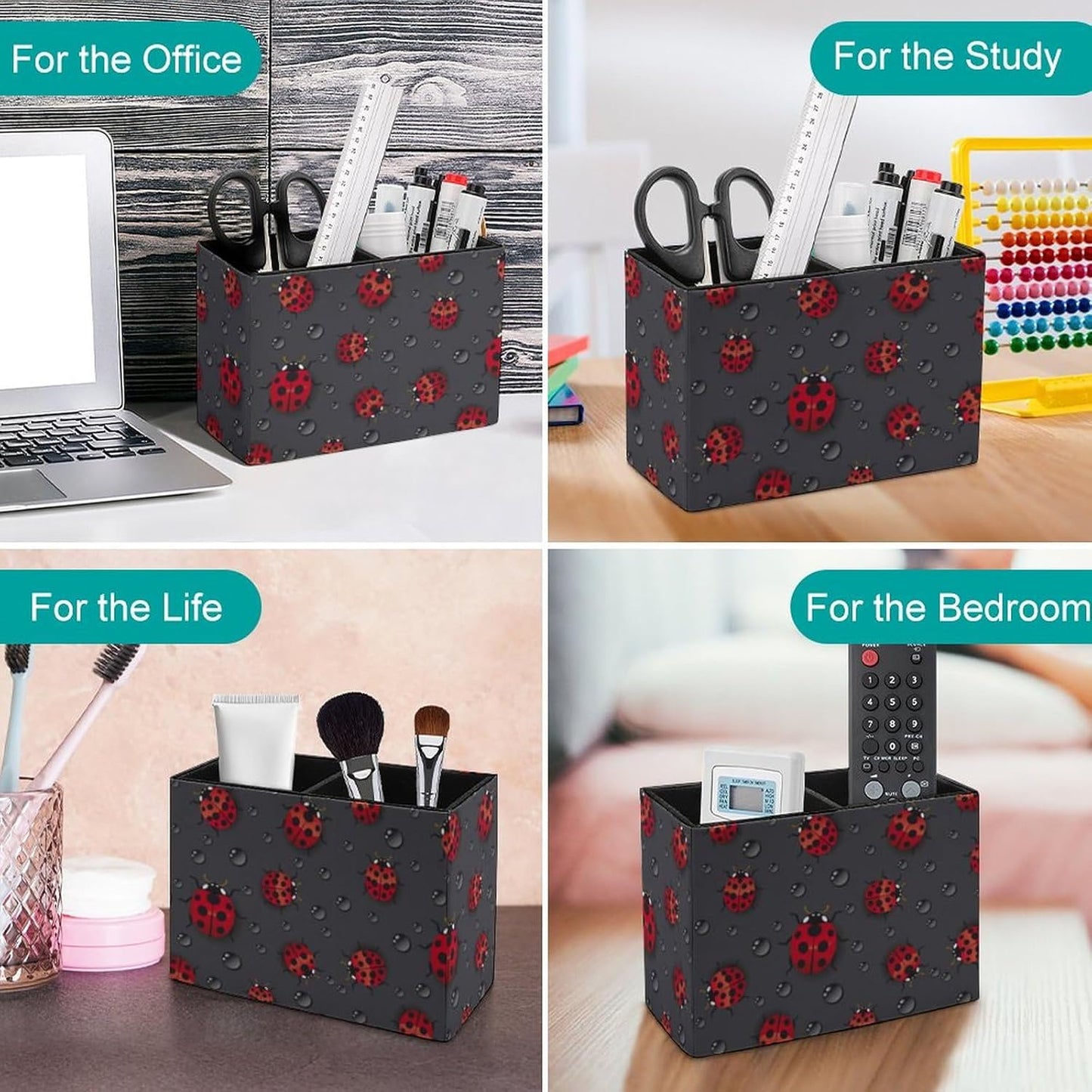 Pen Holder, Pencil Holder for Desk Organizer, Red Ladybugs Waterdrop PU Leather Pencil Cups Desktop Stationery Storage Makeup Brush Holder Pen Organizer for Office Home