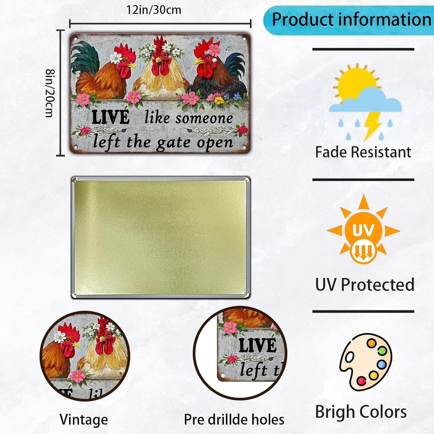 Funny Farmhourse Chicken Coop Metal Tin Signs 12x8 Inch Vintage Chicken Decor Sign Live Like Someone Left The Gate Open Poster Home Kitchen Garden Restaurant Rooster Outdoor Wall Art Decor