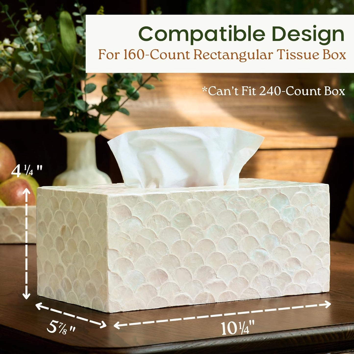 Rectangular Capiz Tissue Box Cover, Decorative Mother of Pearl Inlay Tissue Box Holder for Bedroom, Bathroom, Kitchen, and Office, Rectangle Tissue Box Cover White (10.25” x 5.9” x 4.33”)