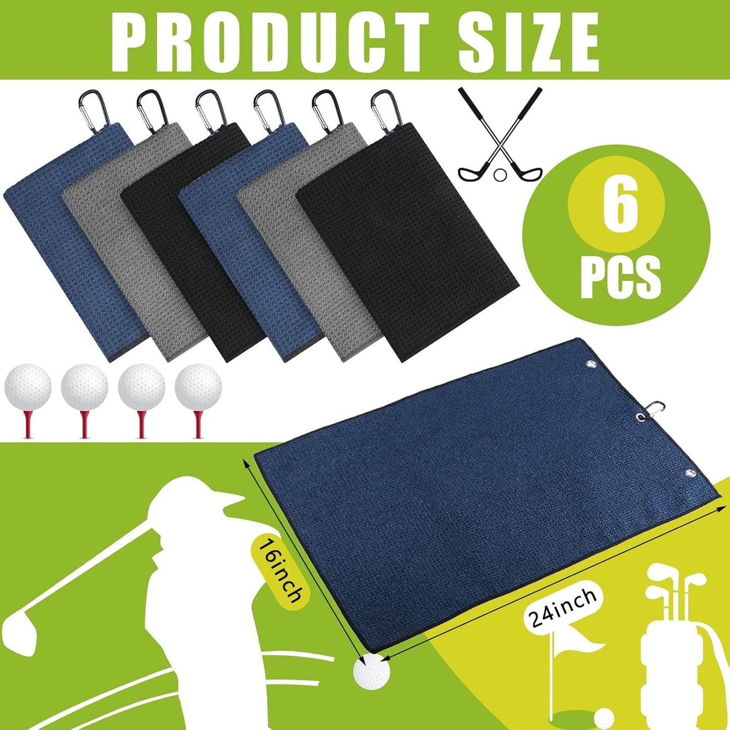 Cindeer 6 Pack Large Golf Towels, 16" x 24" Tri-fold Golf Towels, Microfiber Fabric Waffle Pattern Golfing Towel Portable with Heavy Duty Clip for Golfing Bag Remove Sand Dirt Mud Sweat(Dark Color)