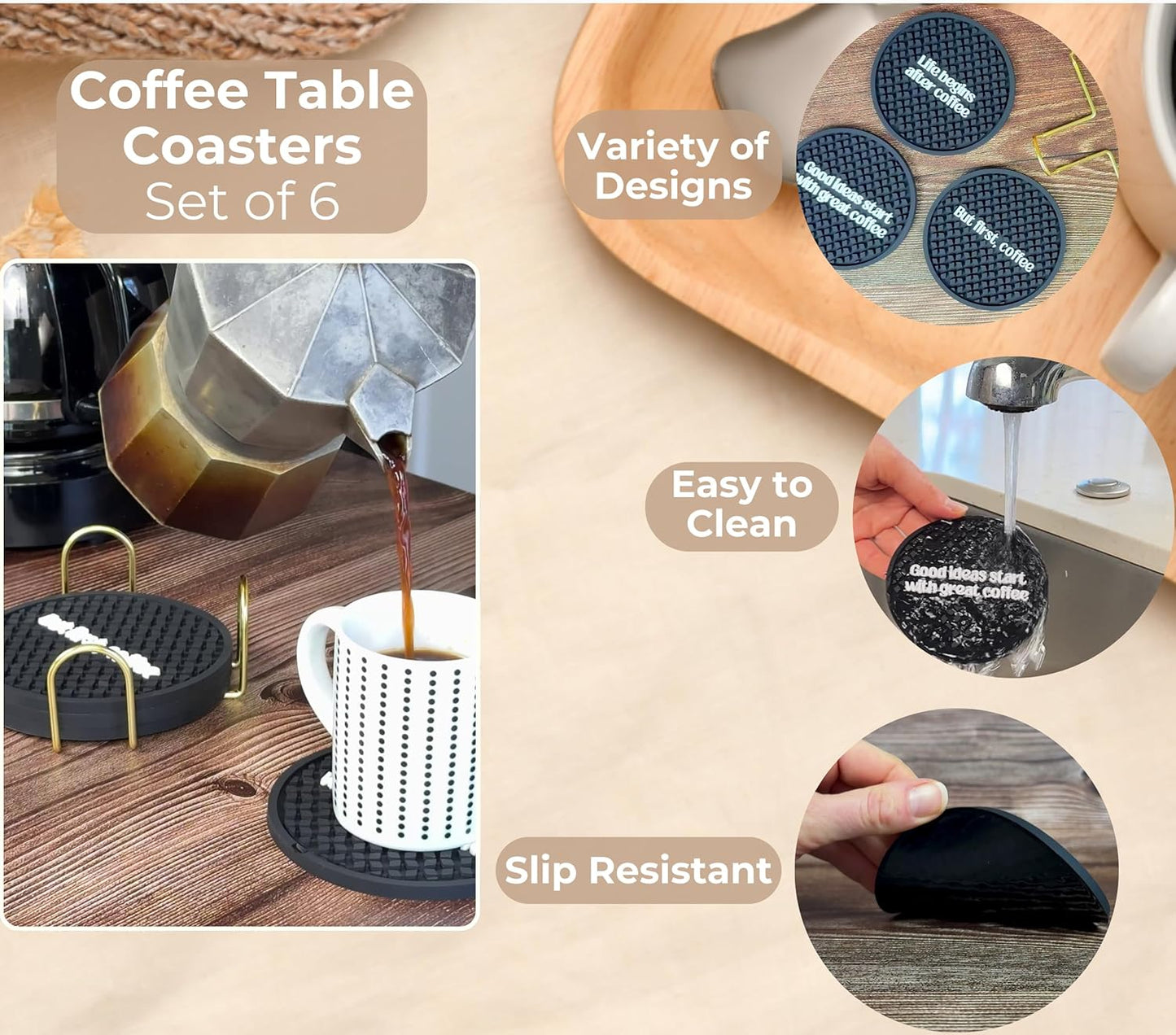 Coffee Coasters Set of 6 for Bar Decor and Bar Accessories, But First Coffee Decor Funny Silicone Coasters with Gold Holder, Coaster 6 Pack, Tiki Bar Drink Coaster for Outdoor Decorations