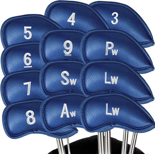 FINGER TEN Premium Synthetic Leather Stylish Iron & Wedge Golf Head Covers Value 12 Piece Set, Embroidered Labels & Fits Most Clubs Gift Set, Travel Protection Accessories