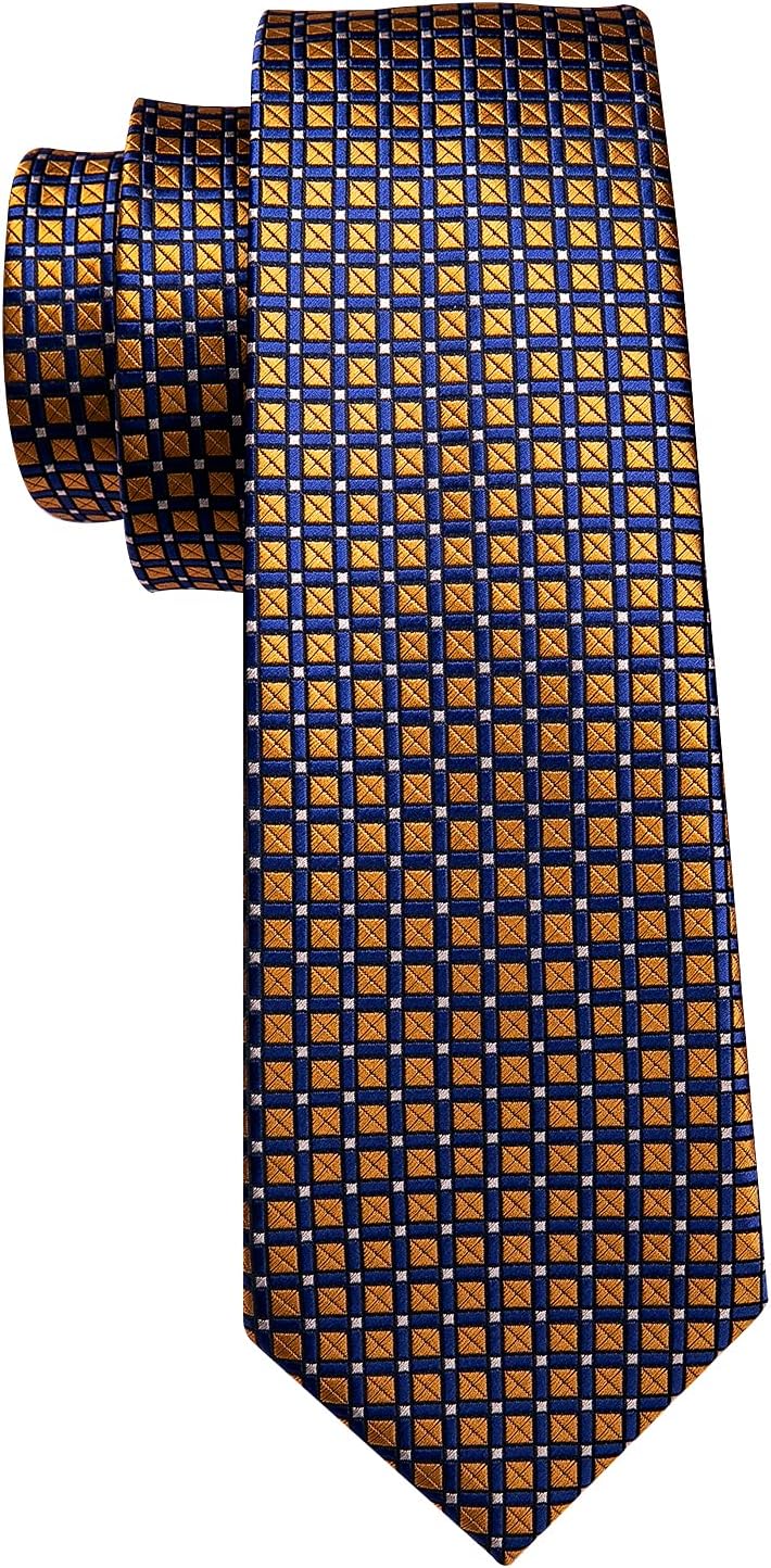 Barry.Wang Designer Classic Ties for Men Set Formal Pocket Square Cufflink Check Plaid