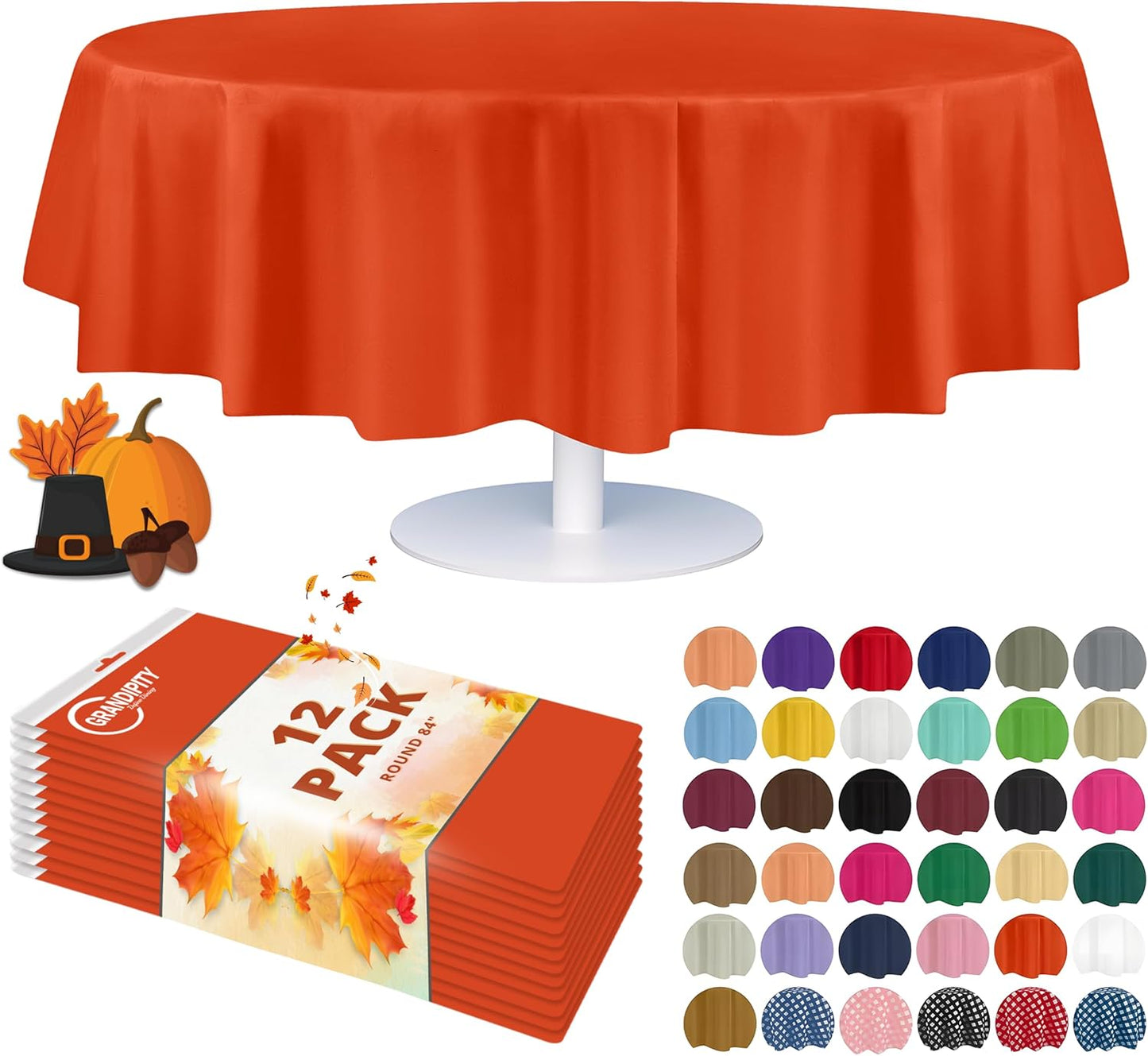 Grandipity 12 Pack Premium Disposable Plastic Tablecloth 84" Inch Decorative Round Table Cover - Orange