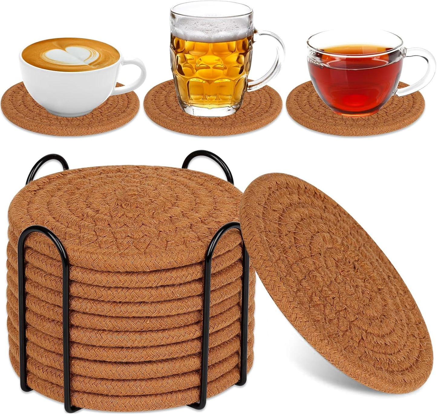Mckanti 10 Pack Drink Coasters with Holder, Absorbent Coasters for Coffee Table, Minimalist Cotton Woven Coaster Set for Home Decor Tabletop Protection Suitable for Kinds of Cups, 4.3 Inches.