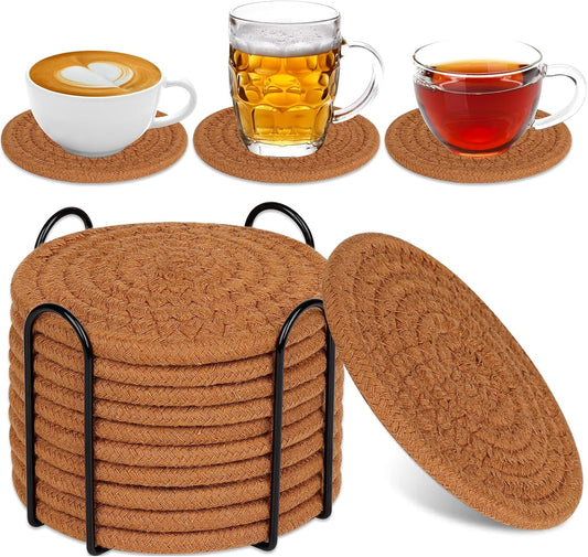 Mckanti 10 Pack Drink Coasters with Holder, Absorbent Coasters for Coffee Table, Minimalist Cotton Woven Coaster Set for Home Decor Tabletop Protection Suitable for Kinds of Cups, 4.3 Inches.