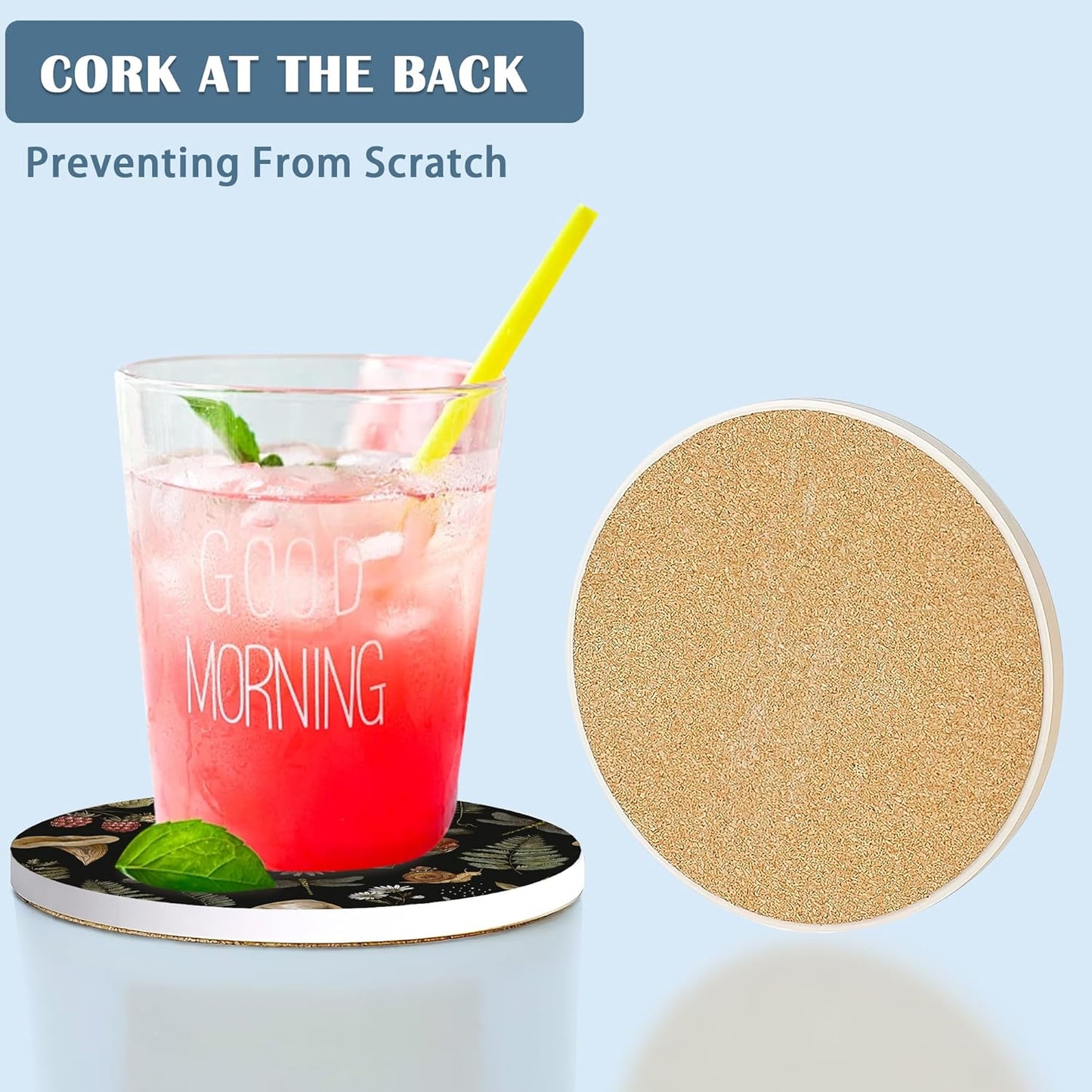 Coasters for Drinks, Set of 4 Absorbent Ceramic Coasters, Vintage Mushroom Plants Design, Non-slip Cork Base, Green, Black, Round