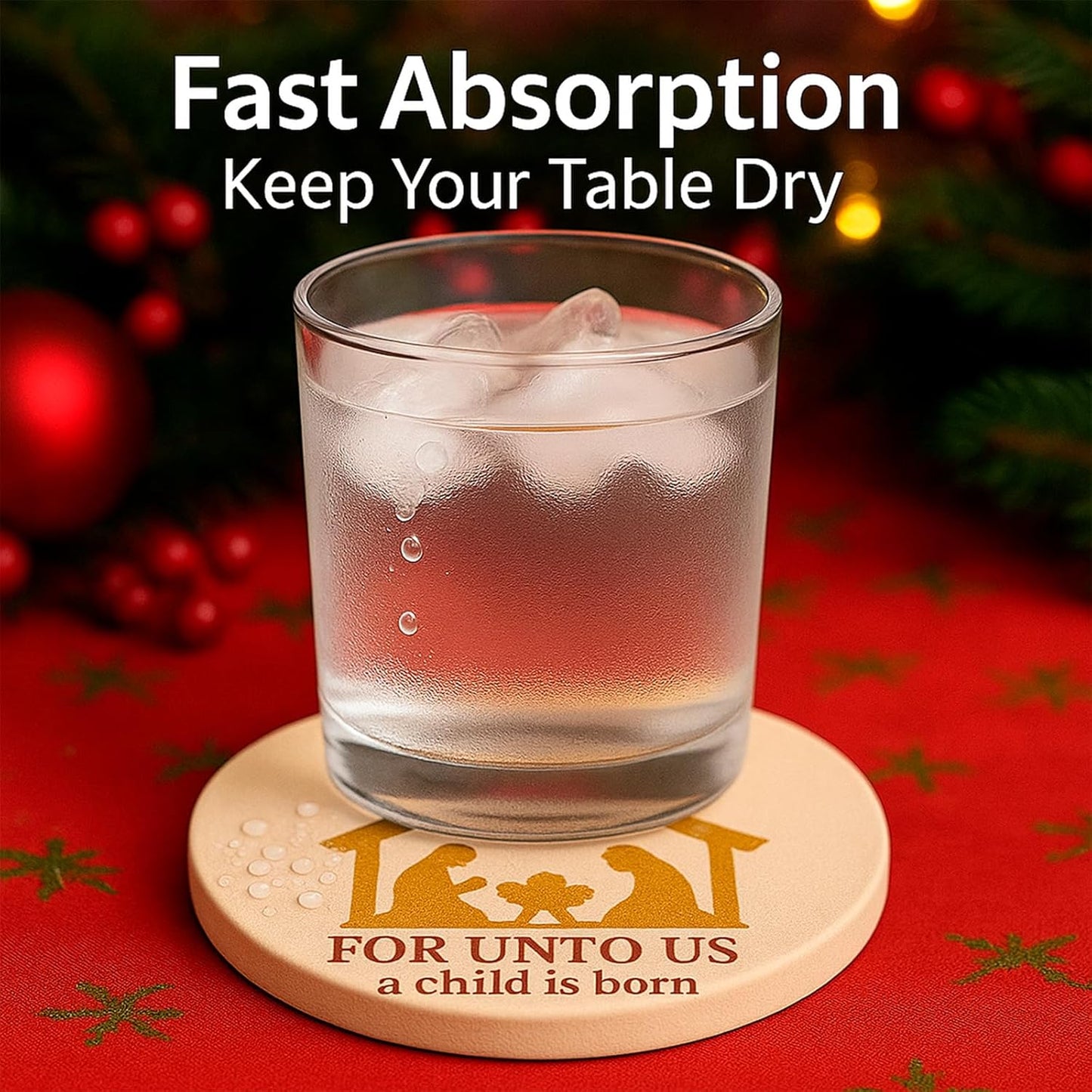 for Unto Us A Child is Born Nativity Scene Christmas Coasters Set of 4, Absorbent Ceramic with Non-Slip Cork Backing – Christian Religious Holiday Drink Coasters for Coffee Table, Home, Church Decor