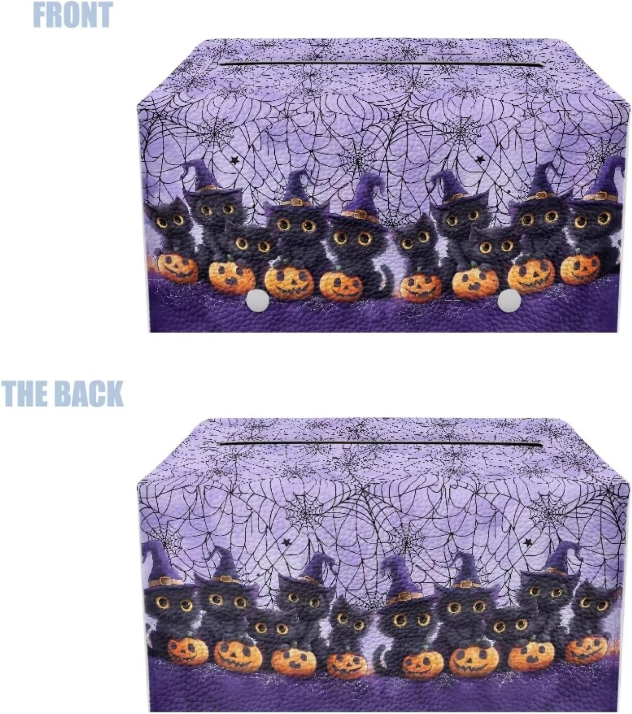 Halloween Tissue Box Covers Rectangle for Bathroom Cute Cat Pumpkin Pattern Pretty Tissue Holder with Bottom Belt Portable for Travel PU Leather Tissue Cover Decorative Organizer