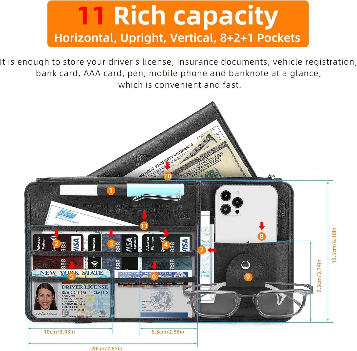 Leather Car Sun Visor Organizer for Cars, Trucks & SUVs: Features Sunglasses Holder, Secure Zipper Pockets, and 6 Clear Windows for Registration, Driver's License, and Insurance Card（black）