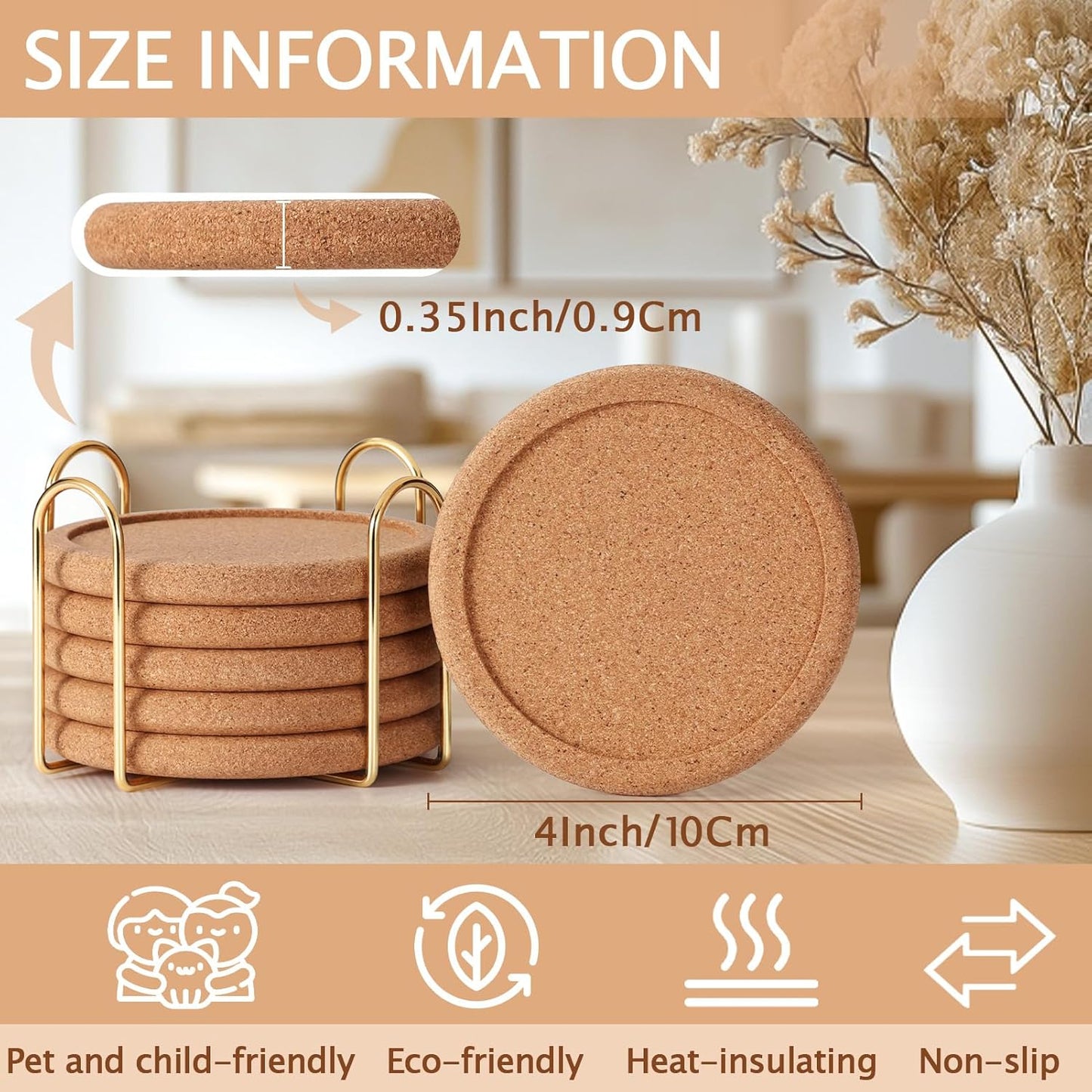 Cork Coasters for Drinks with Metal Holder, GOH DODD Absorbent Blank Coasters Tabletop Protection Home Decor for Housewarming Gifts Wedding Laser Engraving Wood Burning, Set of 6, Round, 4 Inch