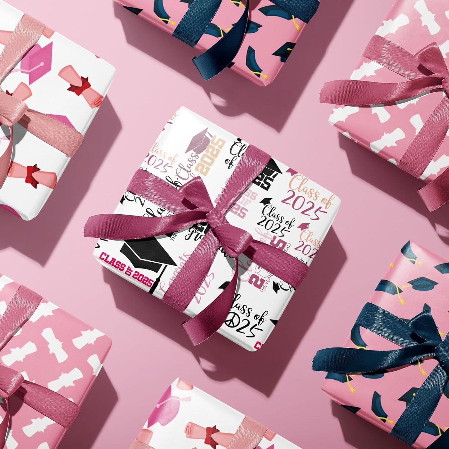 Vnaaem Pink Graduation Wrapping Paper 2025-4 Designs Grad Gift Wrap Folded Flat for Girls Kids - 20 X 28Inches Per Sheet(8 Pack)
