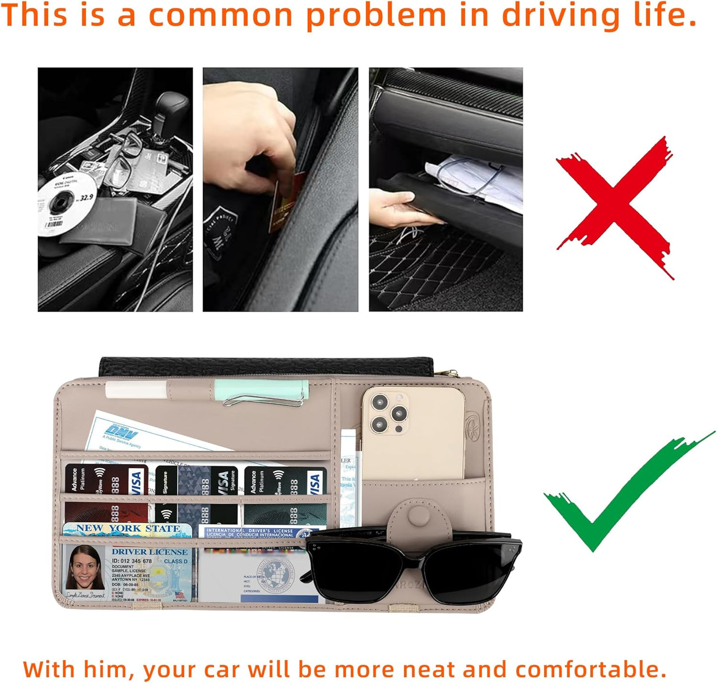 Leather Car Sun Visor Organizer for Cars, Trucks & SUVs: Features Sunglasses Holder, Secure Zipper Pockets, and 6 Clear Windows for Registration, Driver's License, and Insurance Card（Shallow Khaki）