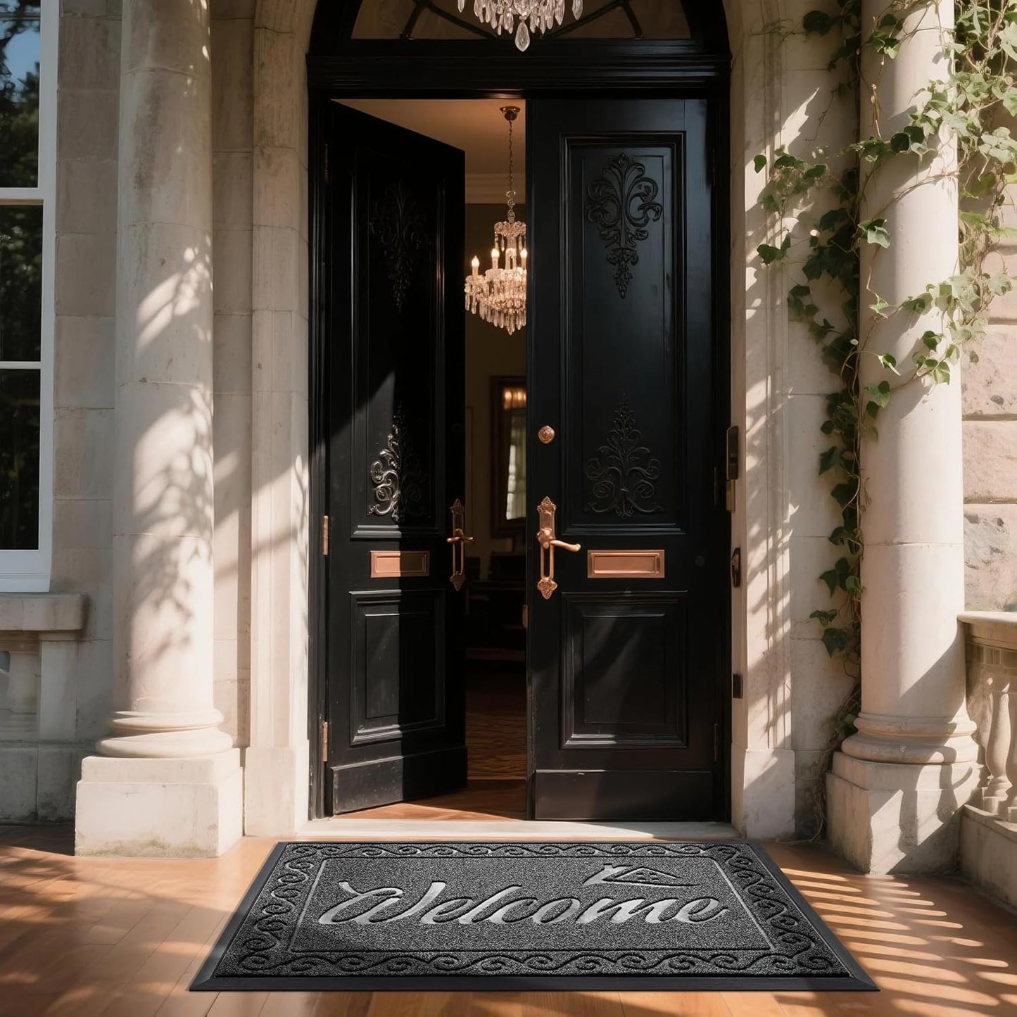 Yimobra Welcome Mat, Heavy Duty Sturdy Door Mats for Home Entrance Outdoor Indoor, Front Doormat for Outside Patio Floor Entry Porch Garage Office, Waterproof, Low Profile, 60 x 36, Black Grey