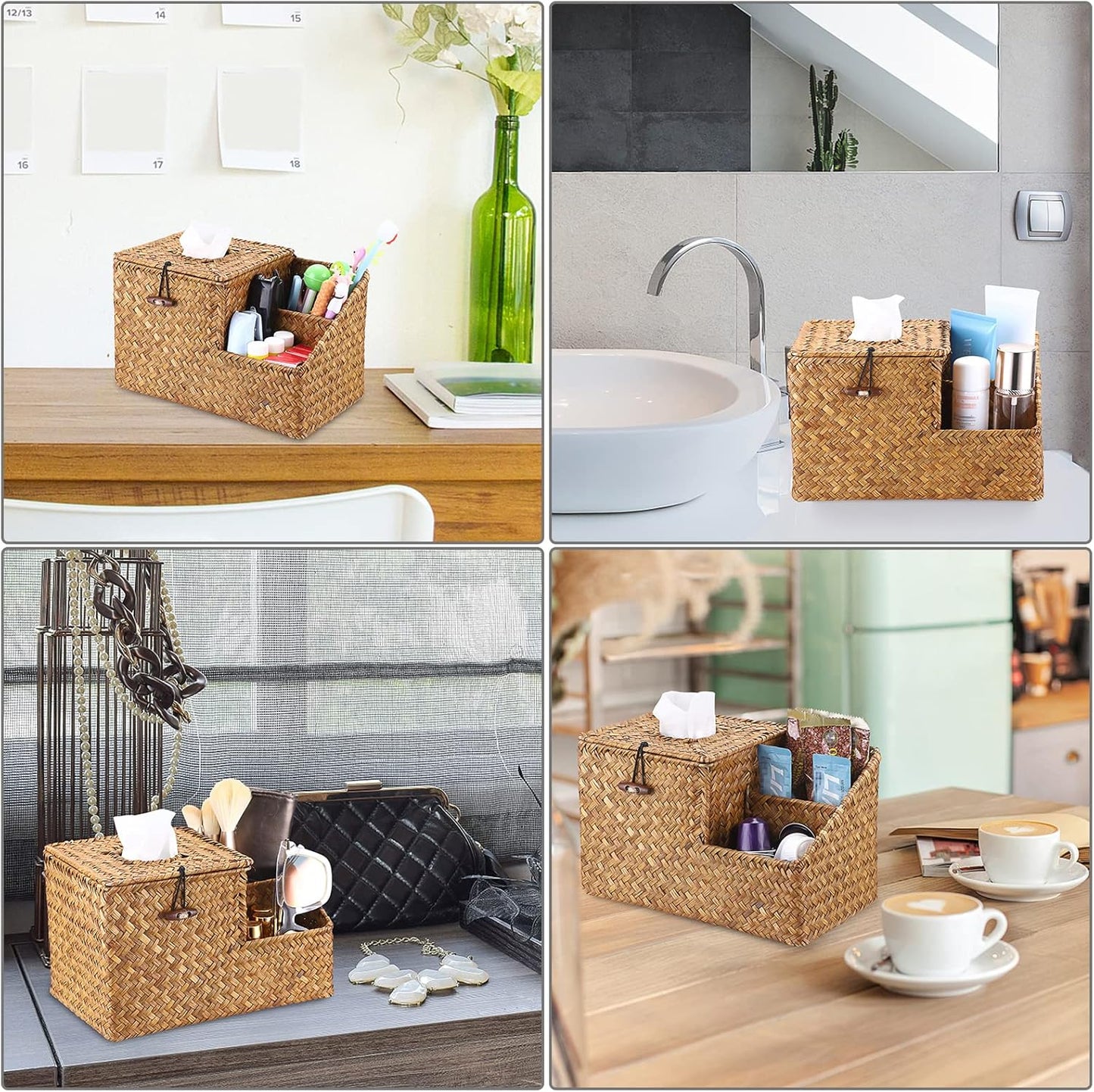 Sumnacon Square Woven Tissue Box Cover - Decorative Cube Tissue Box Holder with Side Organizer, Rustic Seagrass Tissue Box for Living Room Vanity Night Stand Table Countertop Office,Caramel