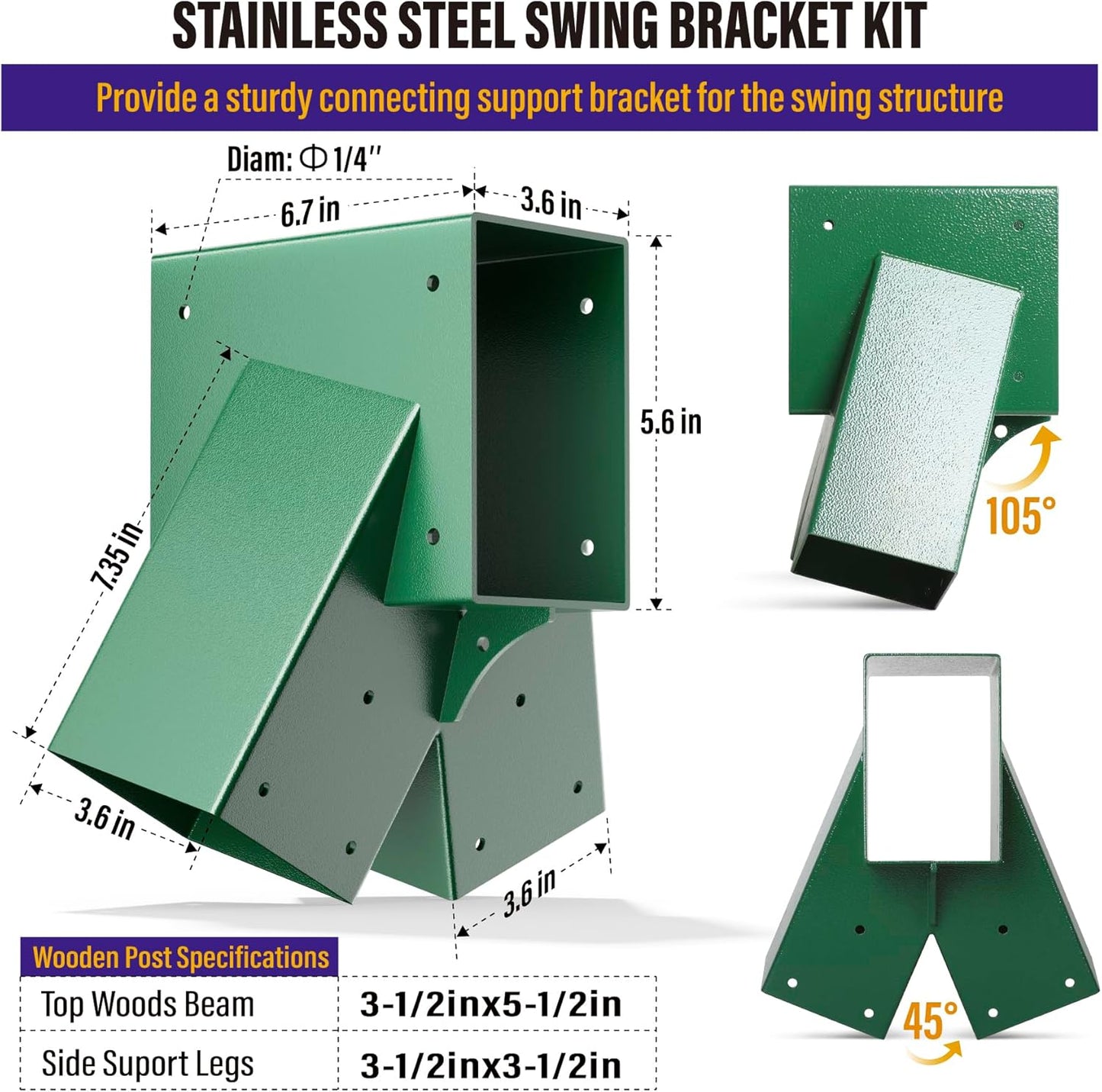 Hulave Stainless Steel Swing Bracket Kit, 4-Pack Swing Set Anchor Leveling Kit Bracket 4"x4"+2pcs A Frame Swing Set Brackets with Mounting Accessories(Green)