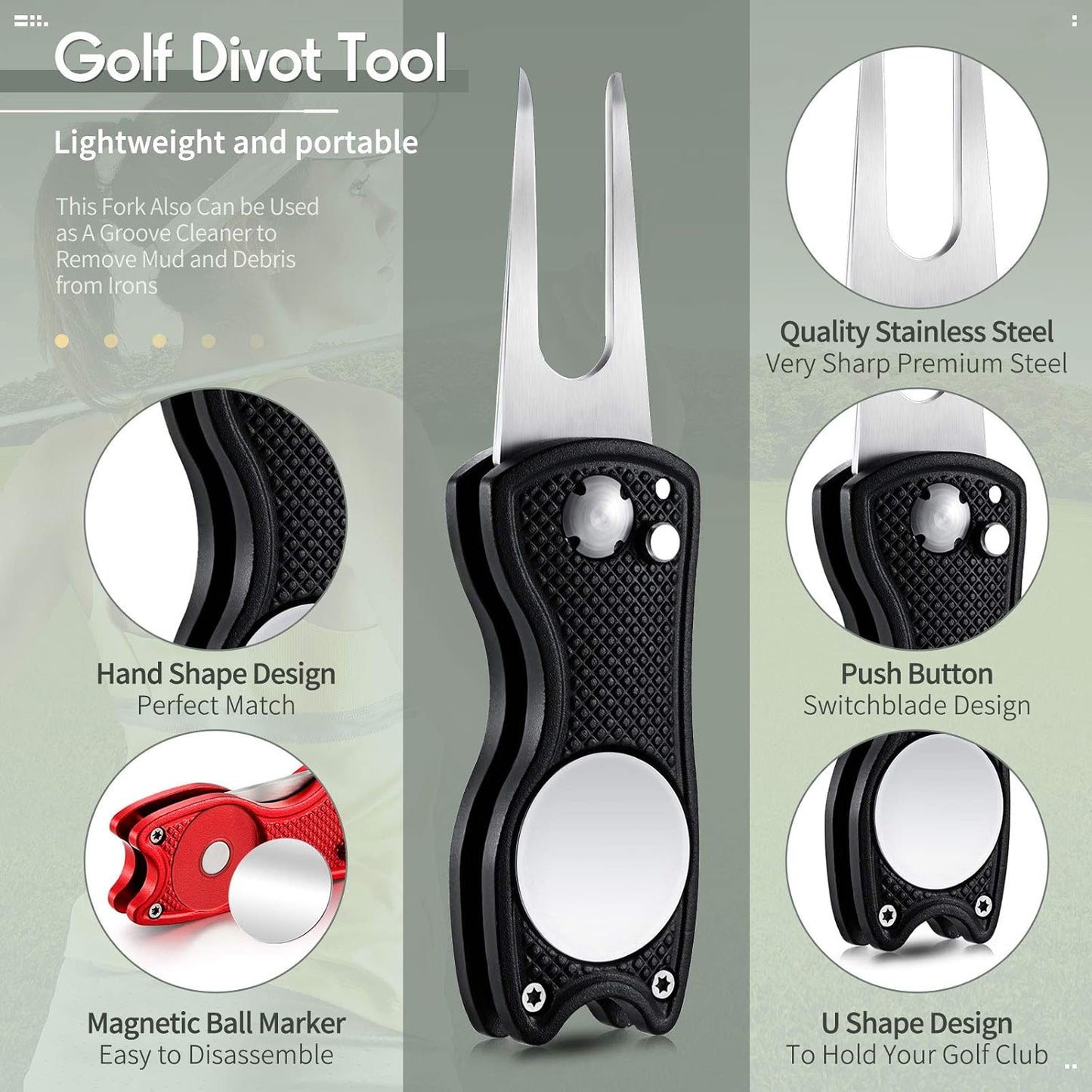 Skylety 4 Pcs Golf Divot Repair Tool Metal Foldable Golf Divot Tool with Magnetic Pop-up Button Ball Marker Stainless Steel Switchblade for Golfers Prizes