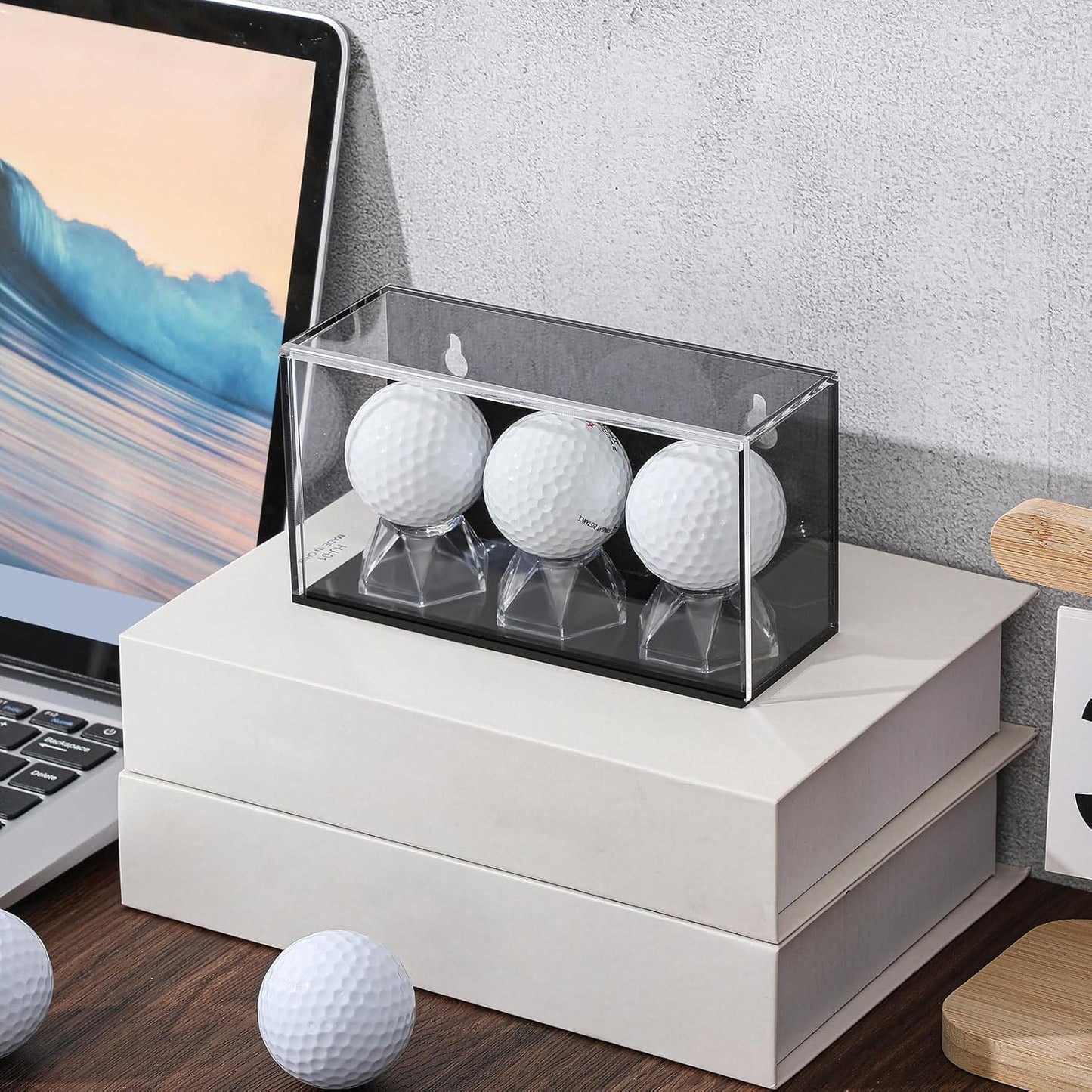Baseball Golf Ball Display Case for 3 Balls UV Protected Acrylic Boxes for Display Ball Cube Memorabilia Showcase Autograph (Black, 5.9 x 2.4 x 1.8 Inch)