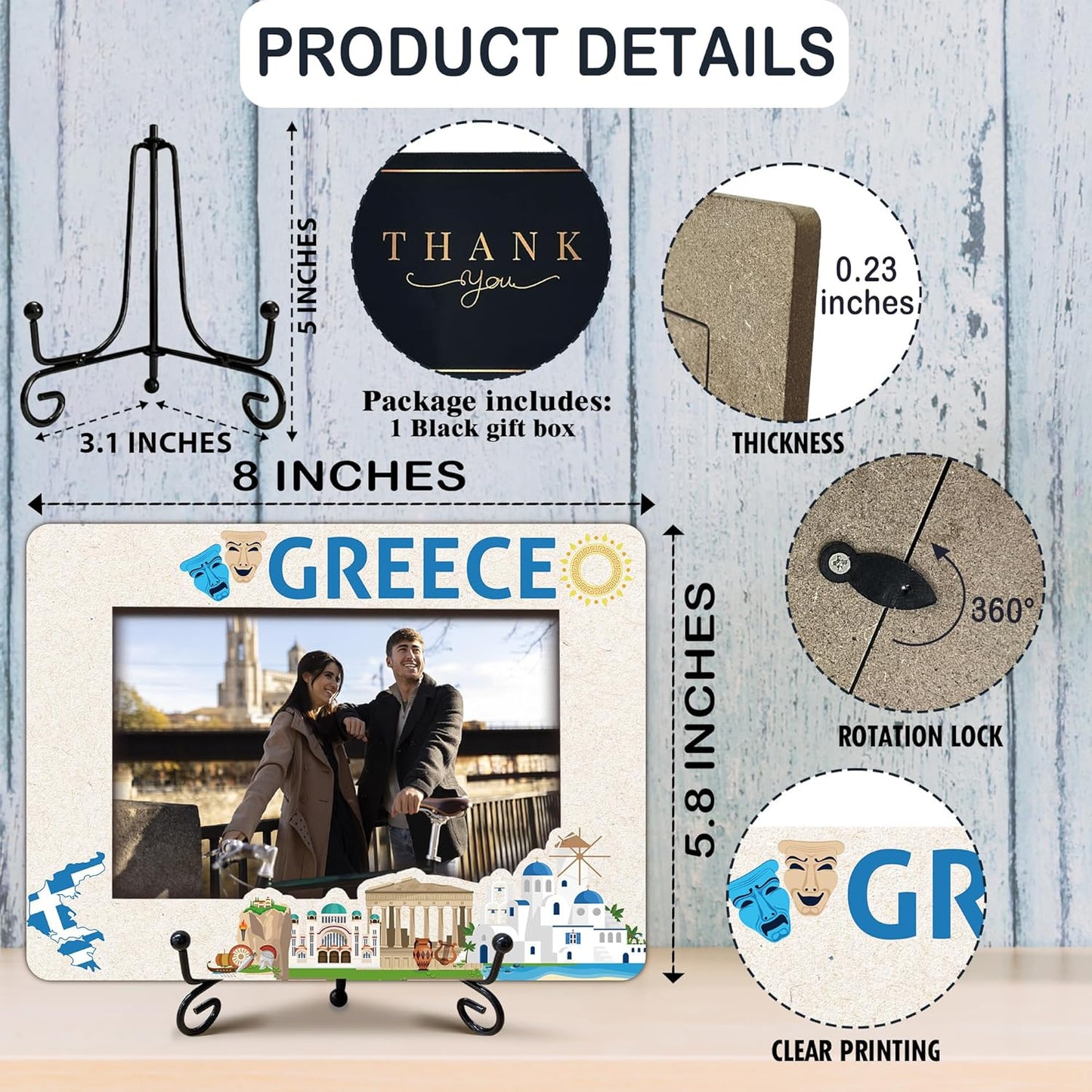 Greece Travel Picture Frame, 5 x 8 Greece Themed Wooden Photo Frame with Stand, Vacation Anniversary Honeymoon Gifts For Friend Family Couples, Home Office Desk Decorations-A15