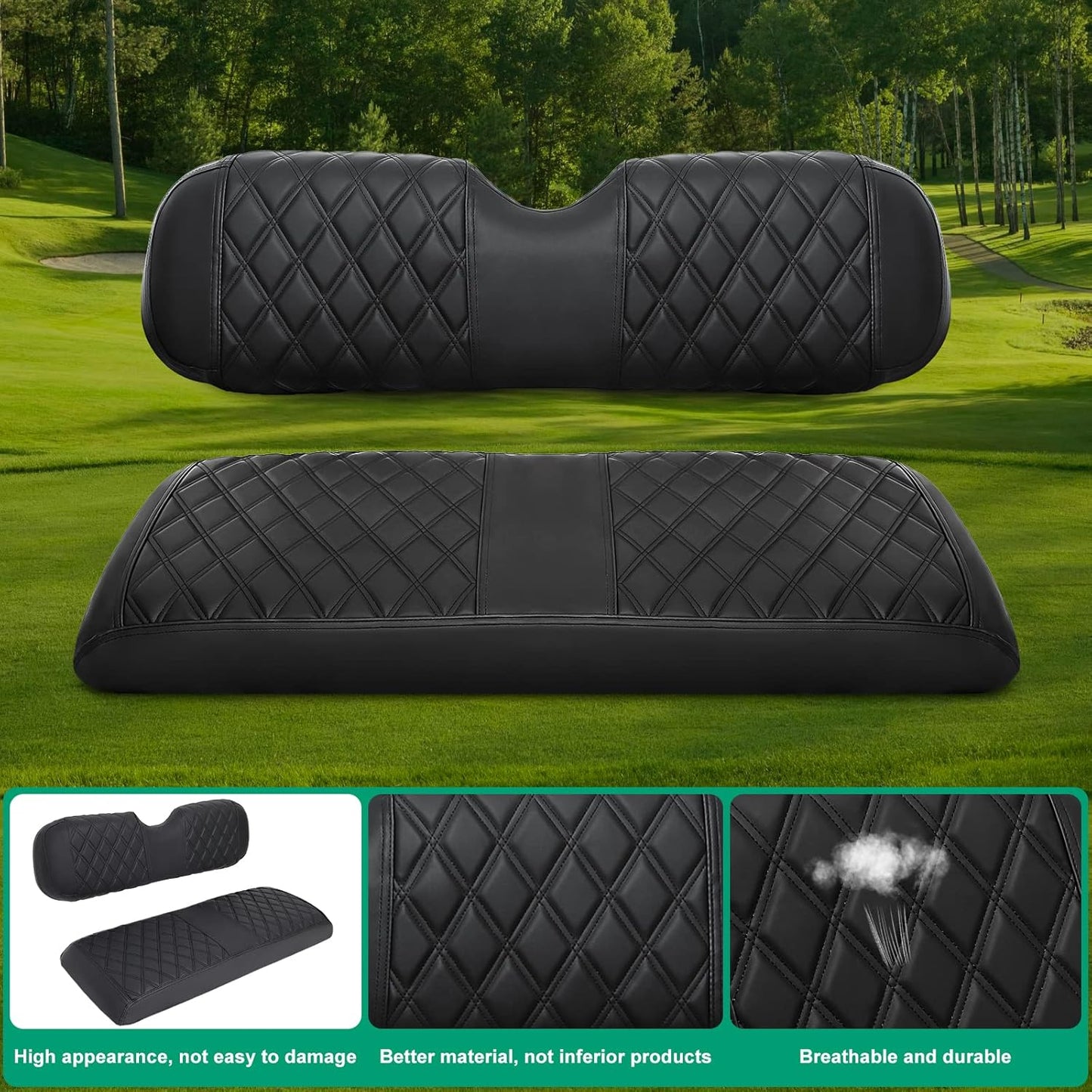 iLSKW Golf Cart Seat Covers for Rear Seat Fit Club Car EZGO Yamaha, Thinck Vinyl Leather with Convex Diamond Texure, Comfortable, Support Back,Breathable,Anti-Fading