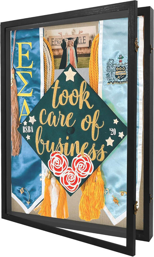 GraduatePro Graduation Shadow Box Frame 18x24 Display Case with Linen Back, Plexiglass Window Door with Hinge, Picture Frame Wedding Bouquet Memorabilia Medals Photos Memory Box for Keepsakes Black
