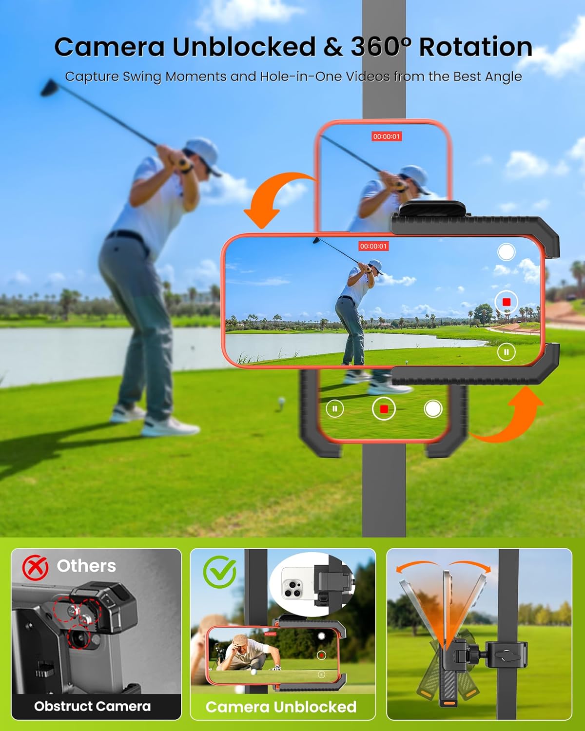 Golf Cart Phone Holder Mount - 3s Phone Clip Install, 1s Lock & Release，Phone Caddy for iPhone Galaxy & More Fits Yamaha Club Car EZGO Icon, Golf Cart Accessories Essentials Gift for Men Women