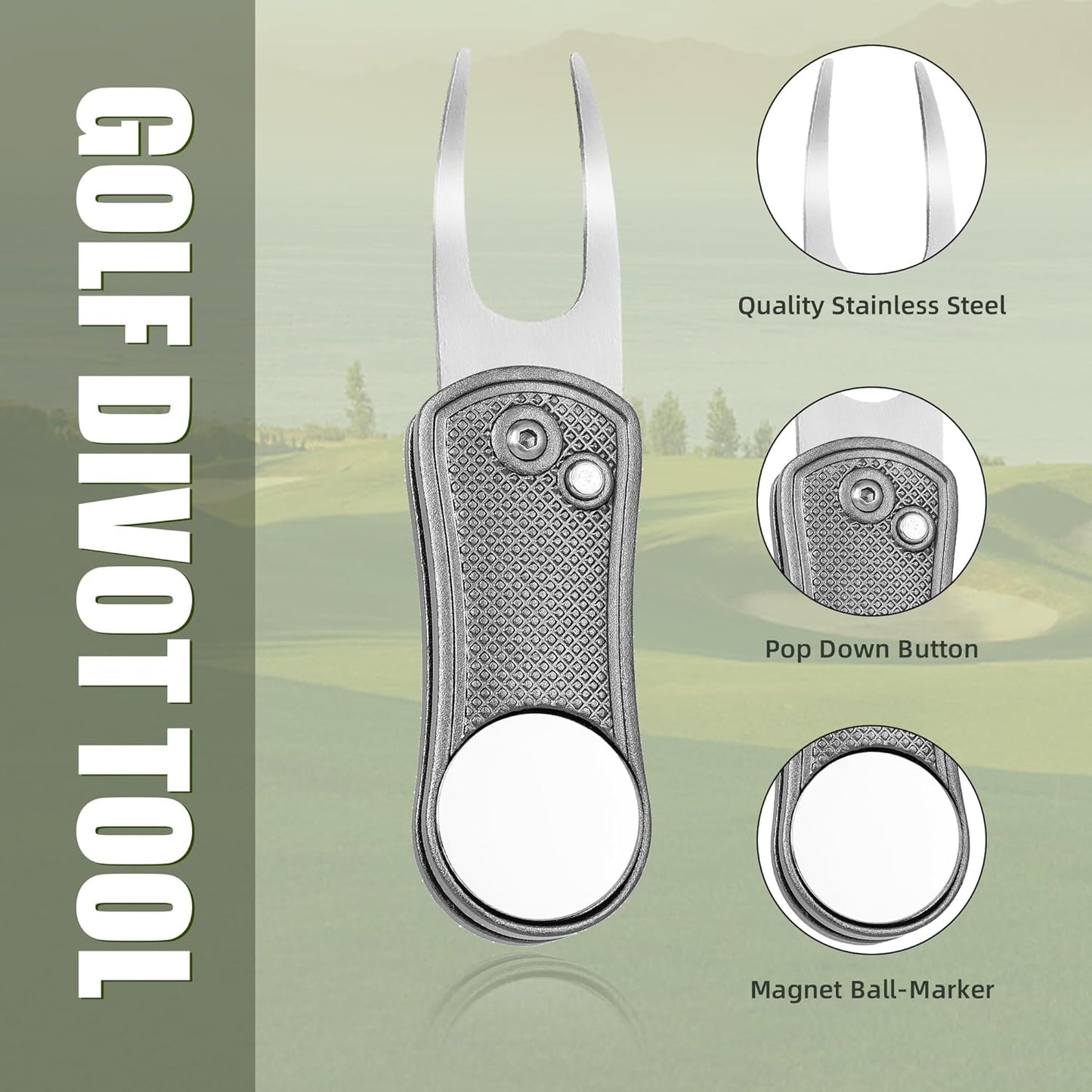 Mile High Life Golf Divot Repair Tool, All Metal Foldable Divot Tool with Pop-up Button & Magnetic Ball Marker