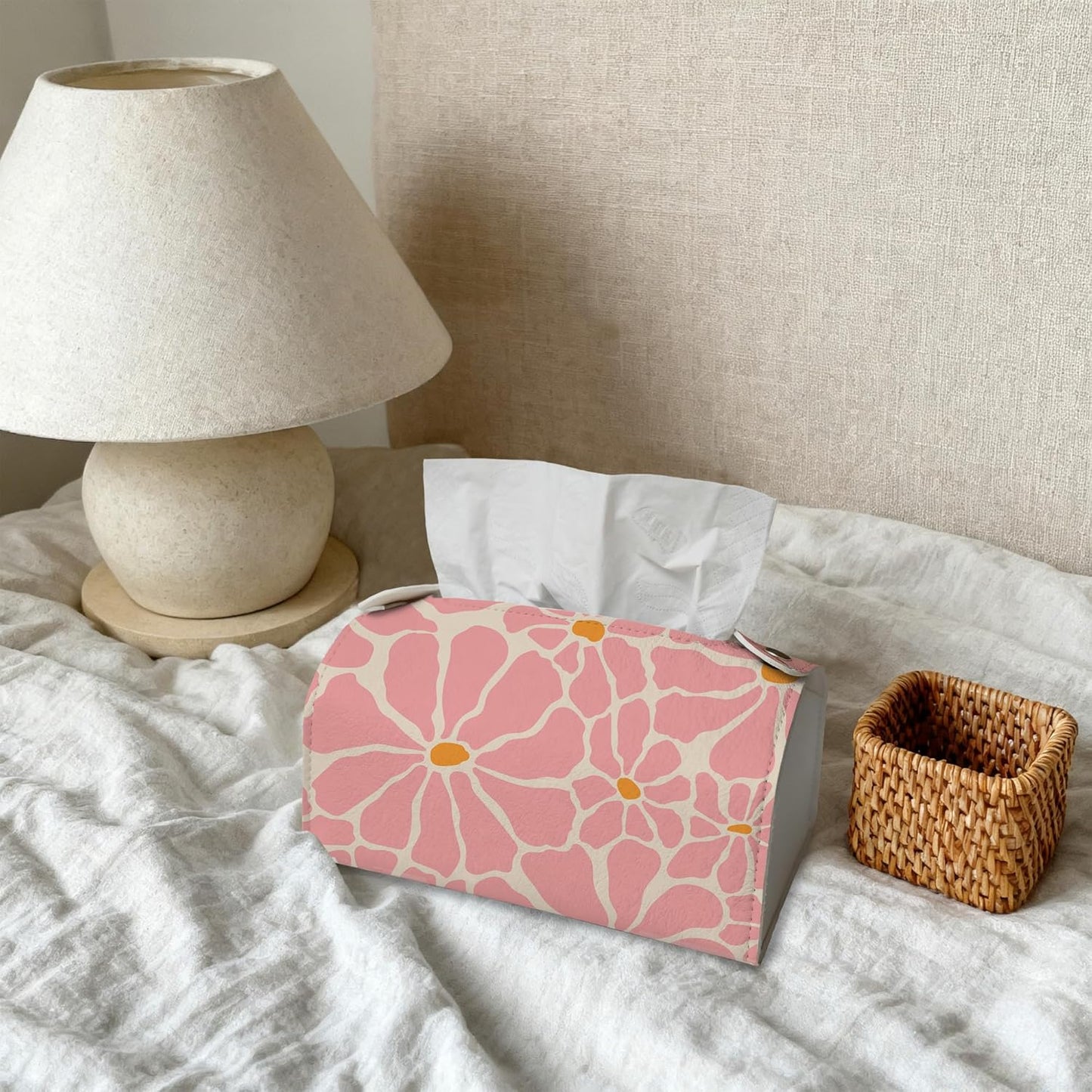 Pink Retro Groovy Flower Tissue Box Cover Holder – Rectangular Tissue Organizer, Decorative Napkin Box Case for Home, Office & Car