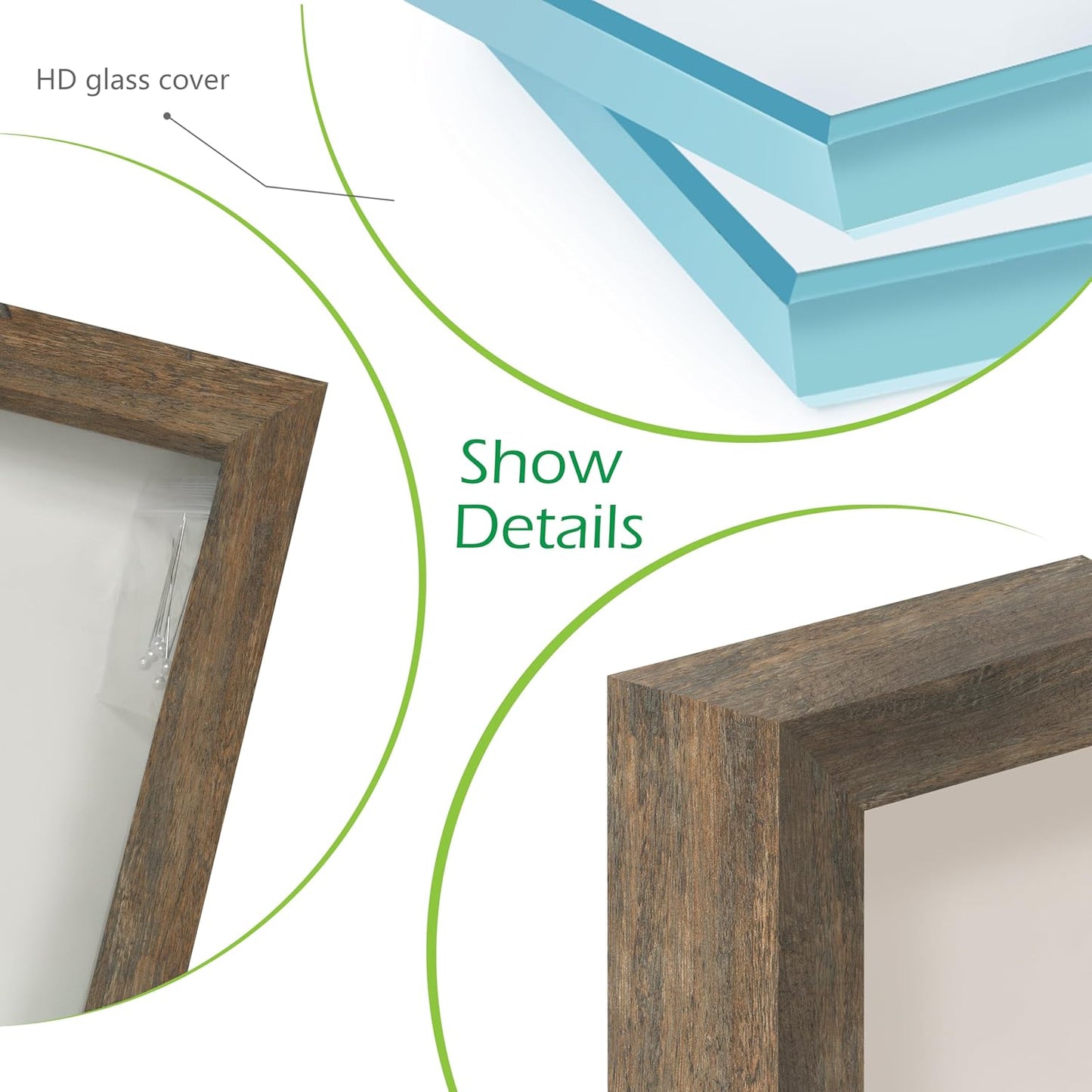 FrameWorks 8x8 Driftwood Wooden Shadow Box Frame – Soft Felt Back, Tempered Glass, and Included Elegant White Ball Push Pins