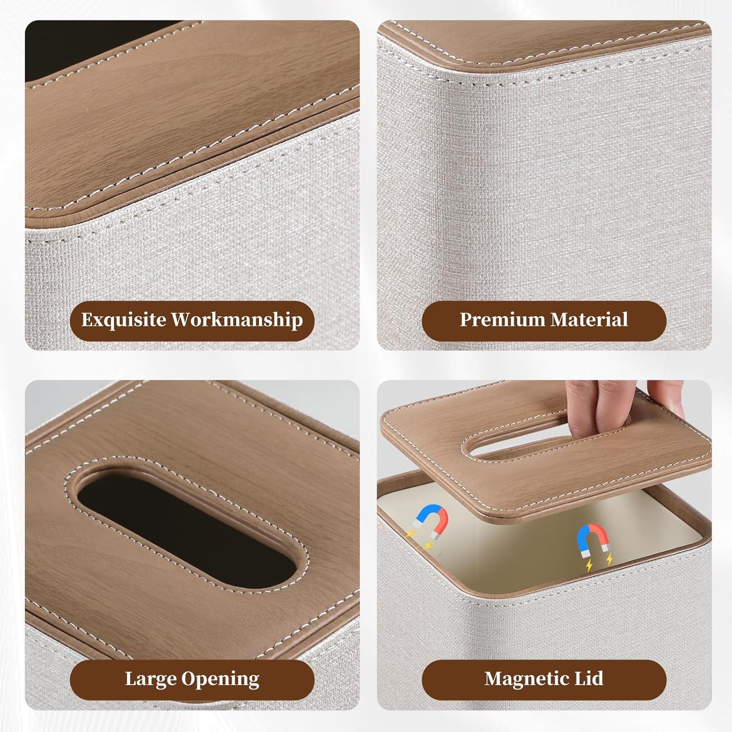Square Linen Tissue Box Cover with Magnetic Closure, Modern PU Leather Tissue Box Holder for Bathroom Vanity Countertop Night Stands Bedroom Office Desk, Stylish Cube Tissue Holder (Linen)