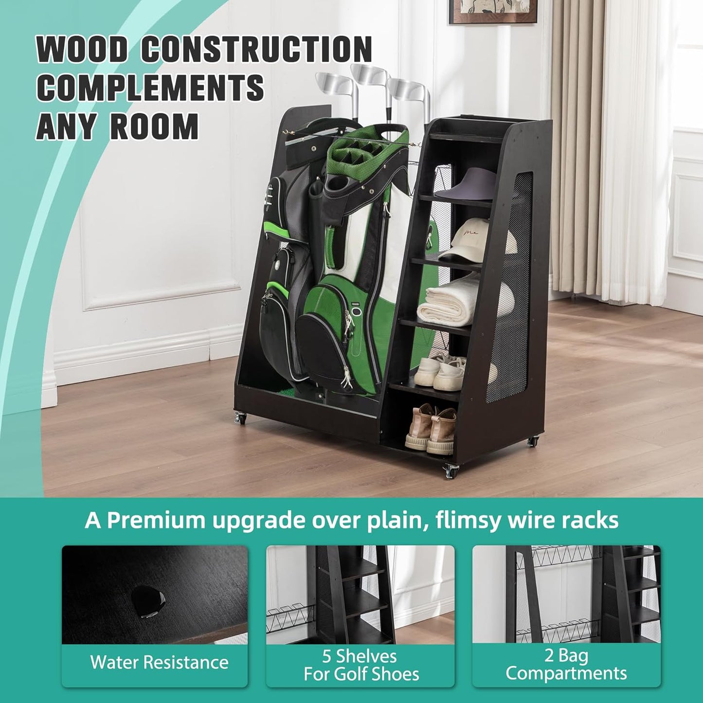 Wooden Golf Bag Organizer and Storage Rack, Wooden 2 Golf Bag Rack with Drawers, Easy to Assemble Golf Club Holder/Stand with Club Holders on Side