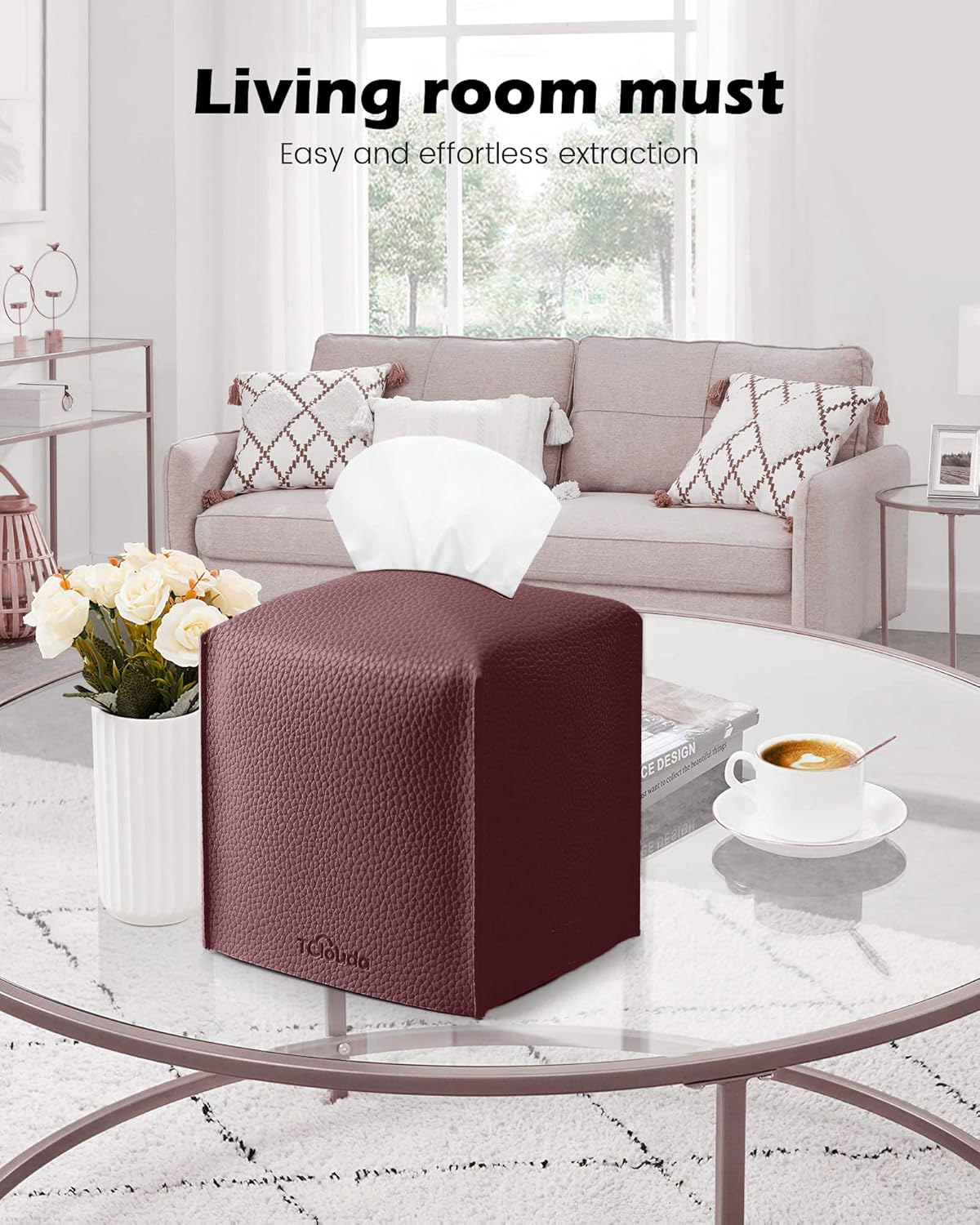 Tissue Box Cover for PU Leather, Modern Simple Solid Color Holder Square Tissue Bag, Ideal for Bathrooms,Office,Car,Nightstand,Outdoor Tent,Dining Table,5"X5"X5", Single Wine