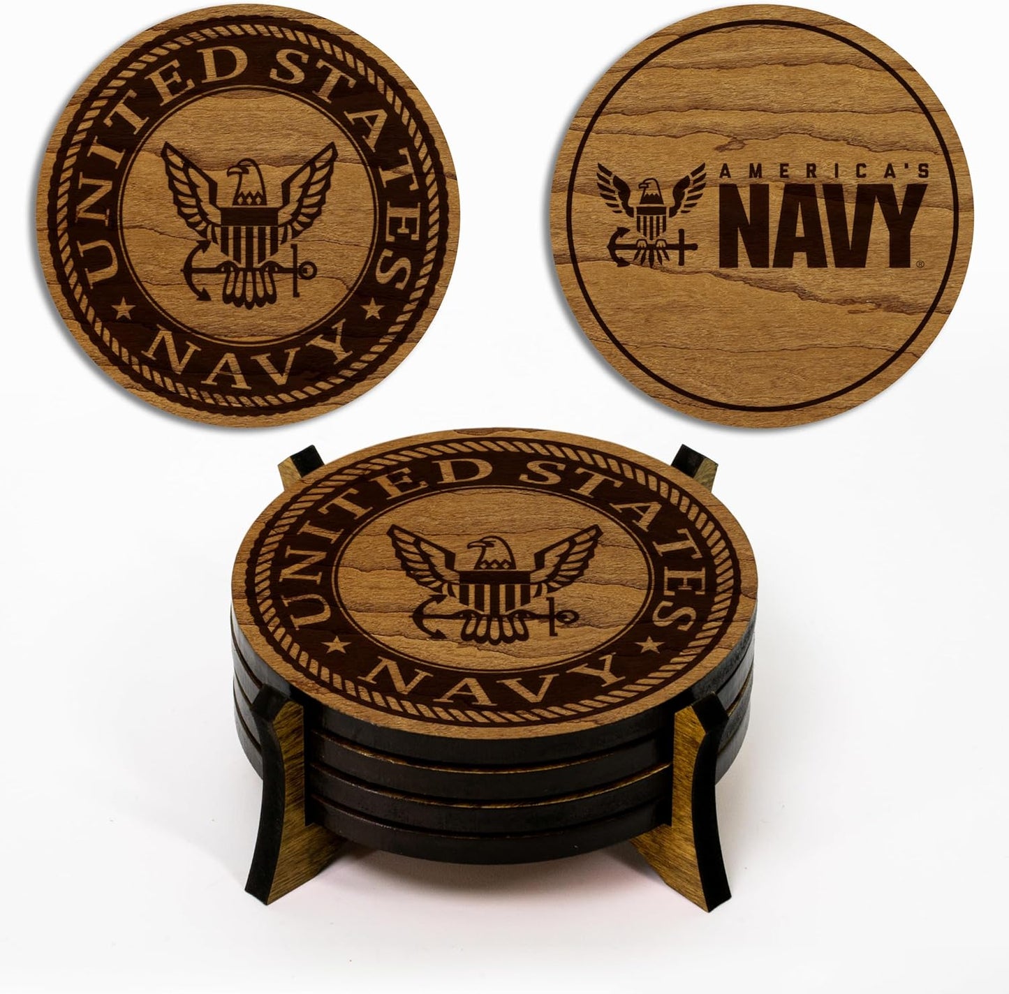 LazerEdge United States Navy Wooden Coaster Set – Cherry Wood – Handcrafted Collectible 4-Pack | Made in USA | Officially Licensed Product