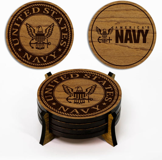 LazerEdge United States Navy Wooden Coaster Set – Cherry Wood – Handcrafted Collectible 4-Pack | Made in USA | Officially Licensed Product